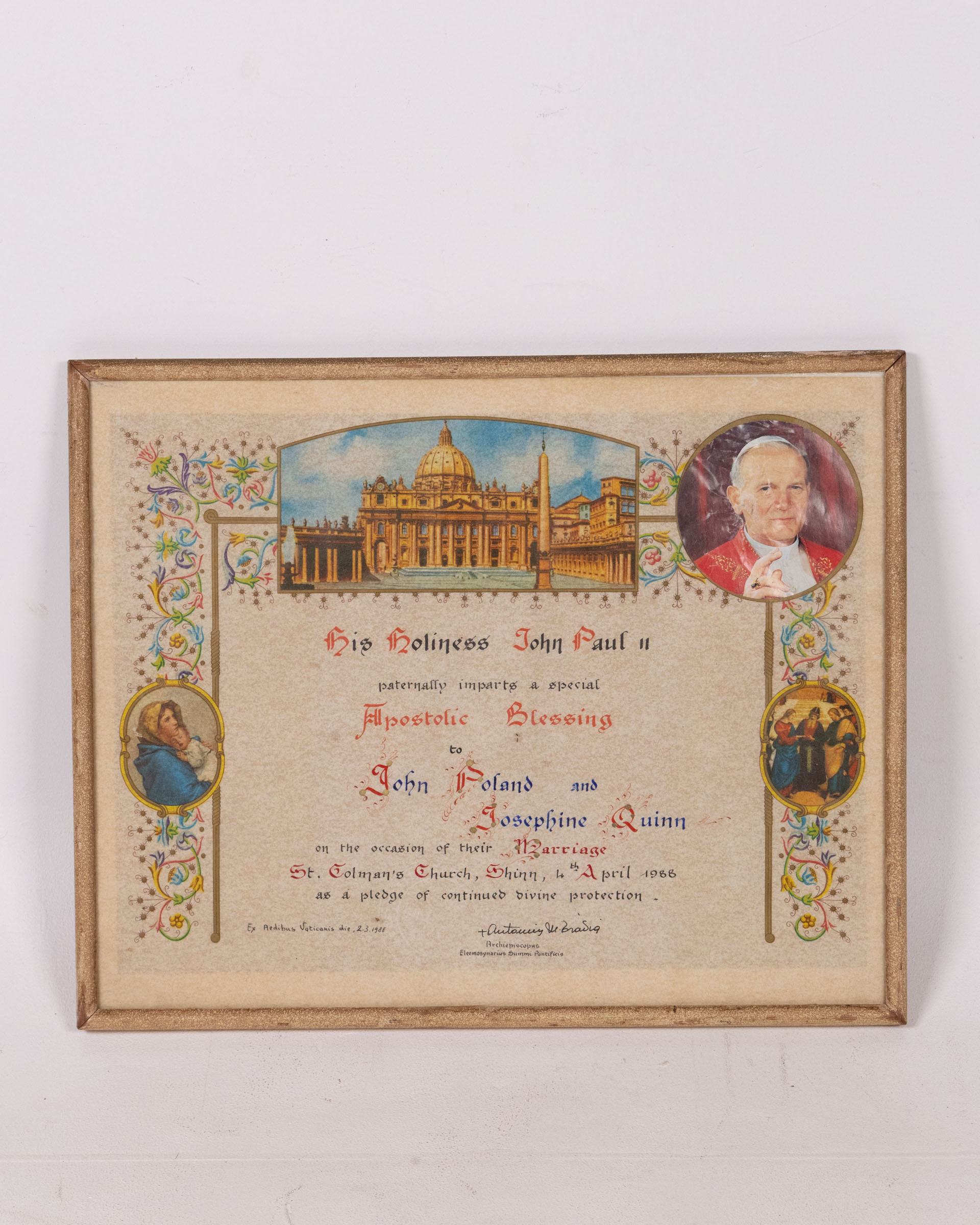 Vintage Framed Marriage Blessing Print – John Paul II, 1966