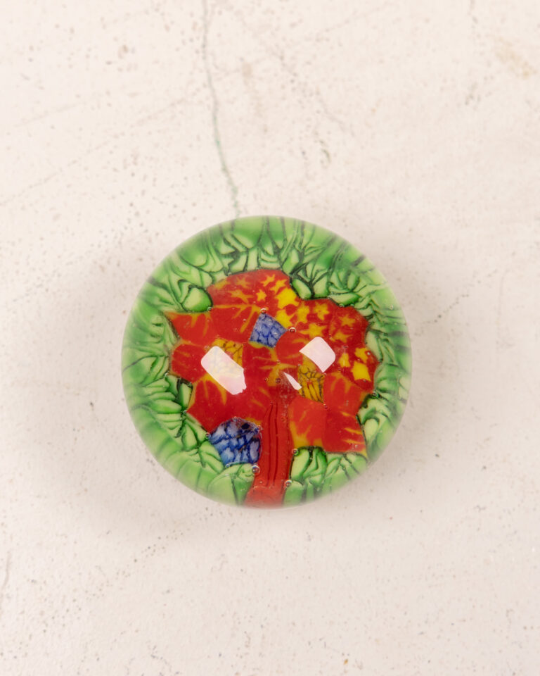 Vintage Glass Paperweight with Embedded Red Flower and Green Leaf Design
