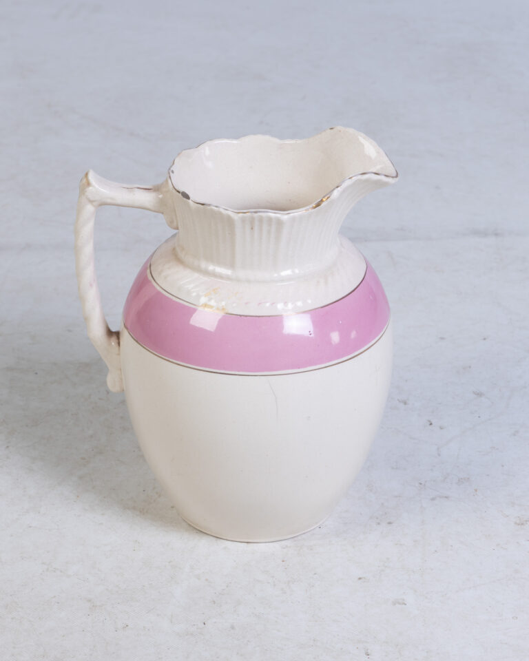 Vintage White Ceramic Wash Jug with Pink Stripe and Gold Trim