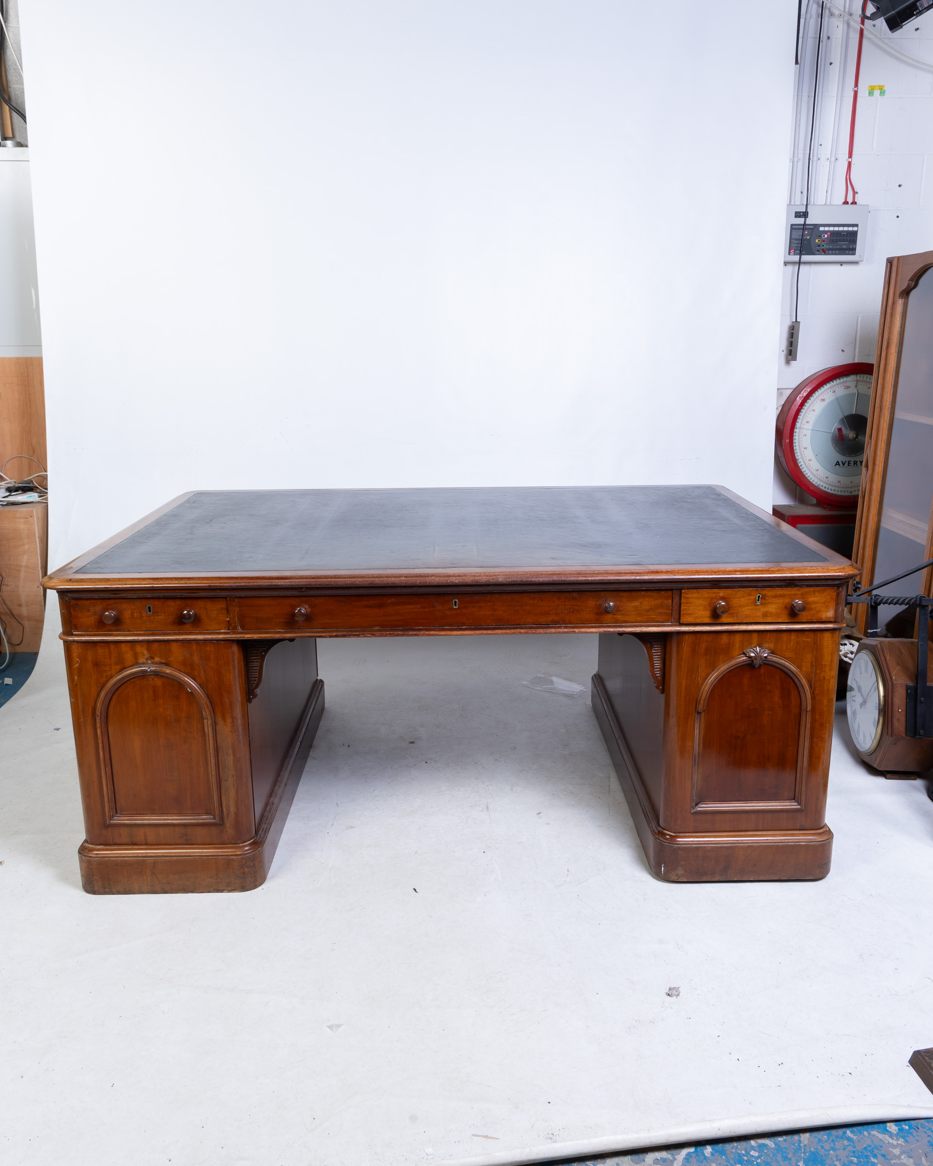 Antique Pedestal Partners Desk with Black Leather Top