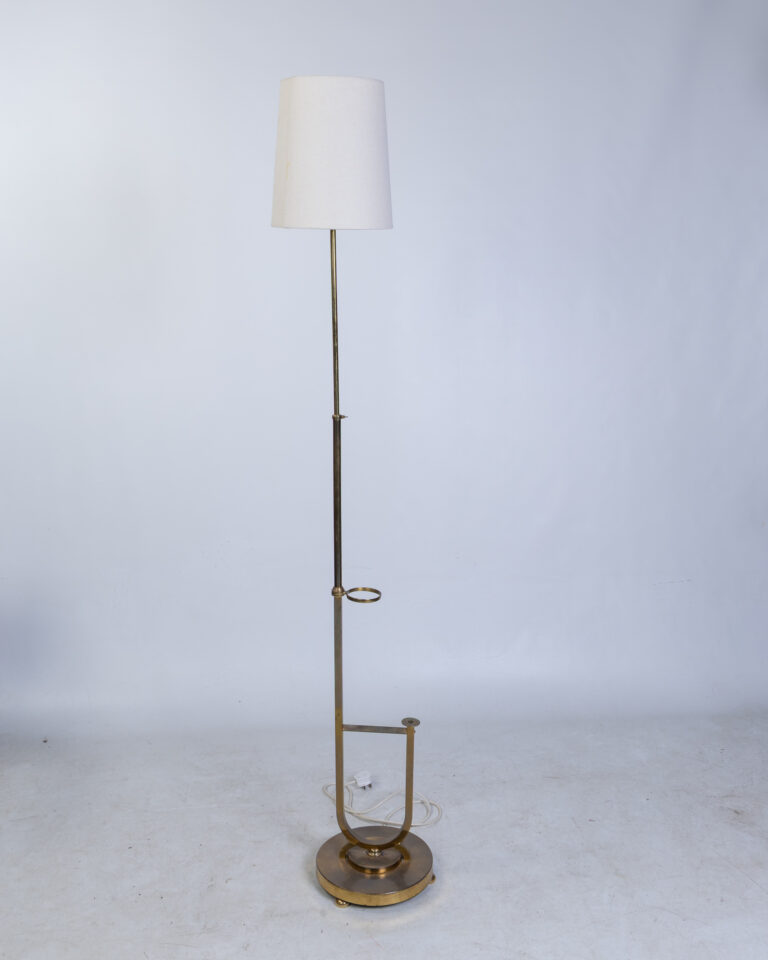 Mid Century Brass Tone Standard Lamp with Cream Fabric Shade
