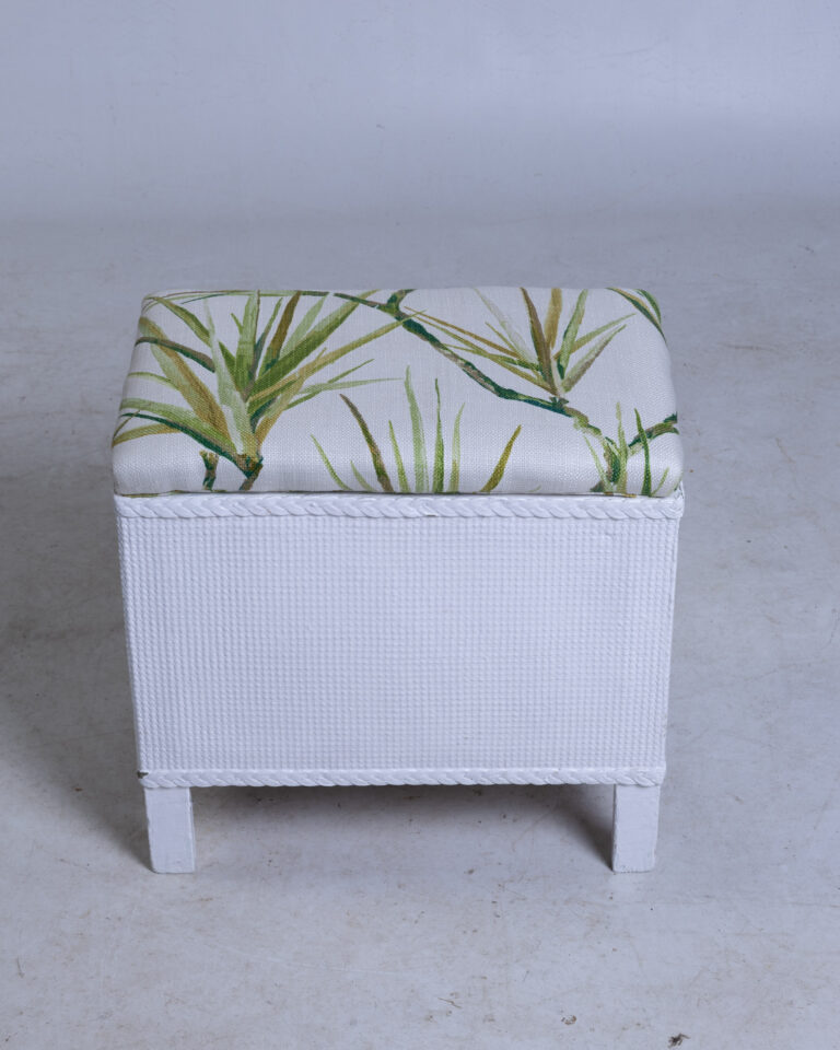 White Wicker Storage Ottoman with Reupholstered Tropical Leaf Print Seat