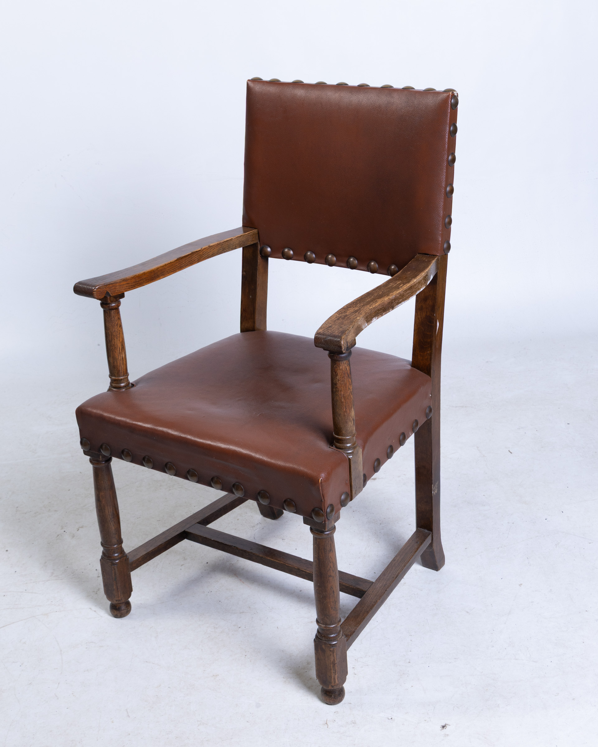 Antique Studded Brown Leather & Wood Armchair