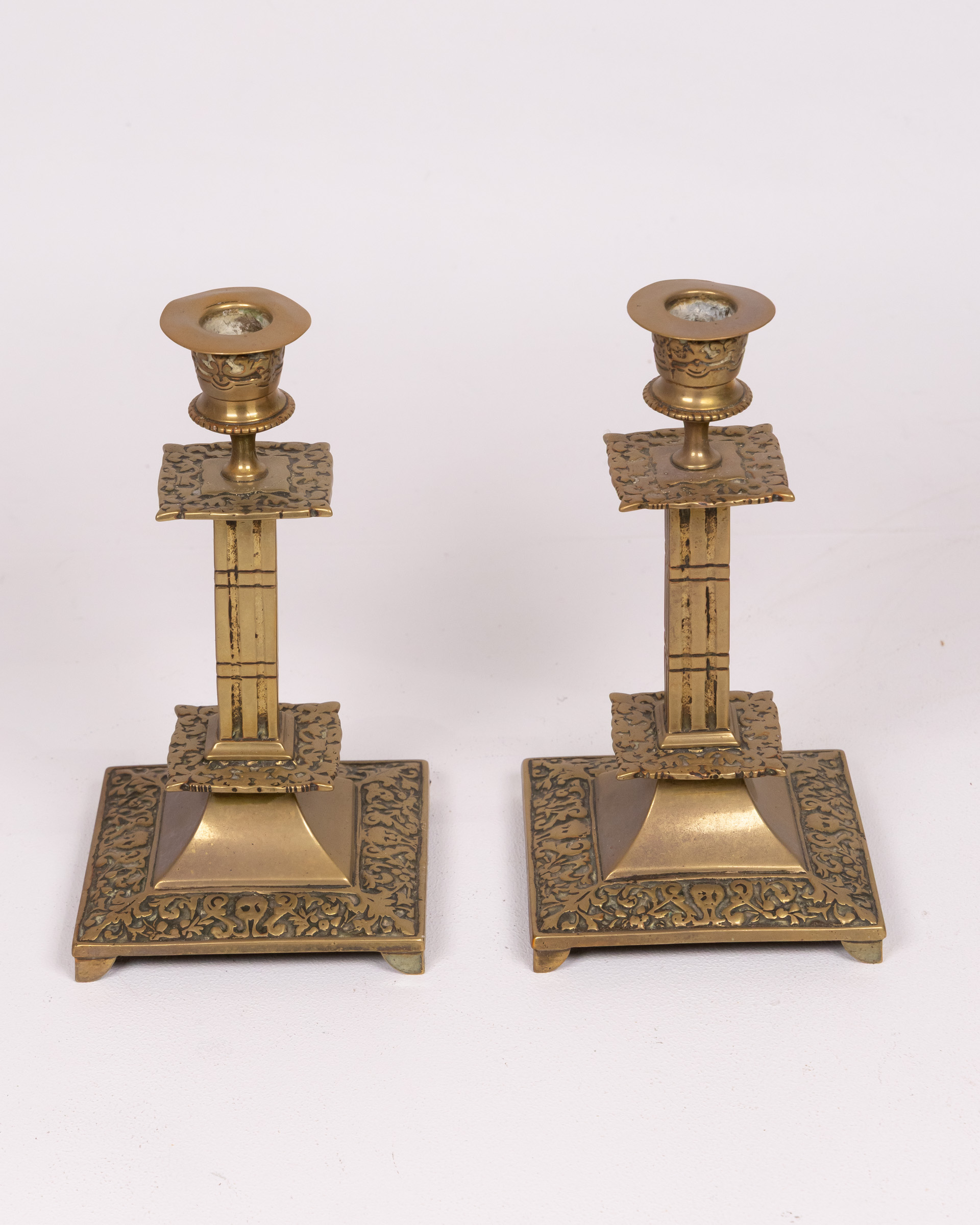 Vintage Pair of Brass Candlesticks with Foliage Pattern
