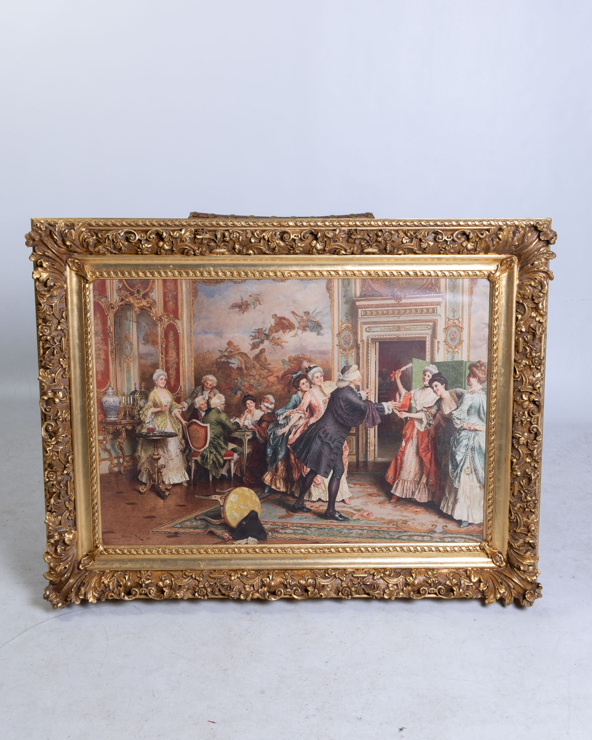 Ornate Gilt Framed Print of an 18th Century Social Scene