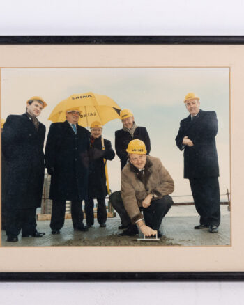Framed Photographic Print of Laing Construction Workers with Umbrellas
