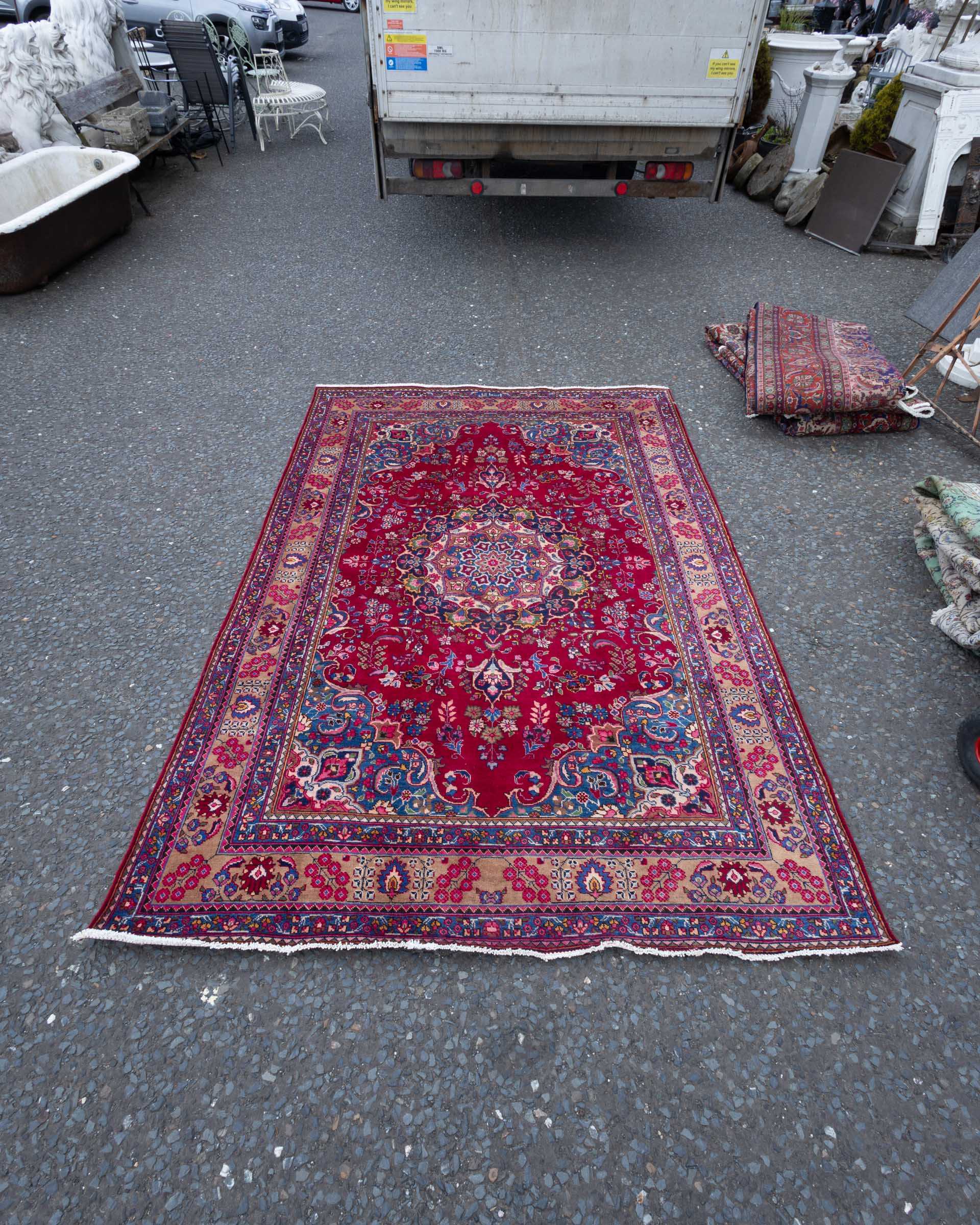 MAY2503 Rich Red Ground Handwoven Persian Mashed Carpet with Lozenge Medallion