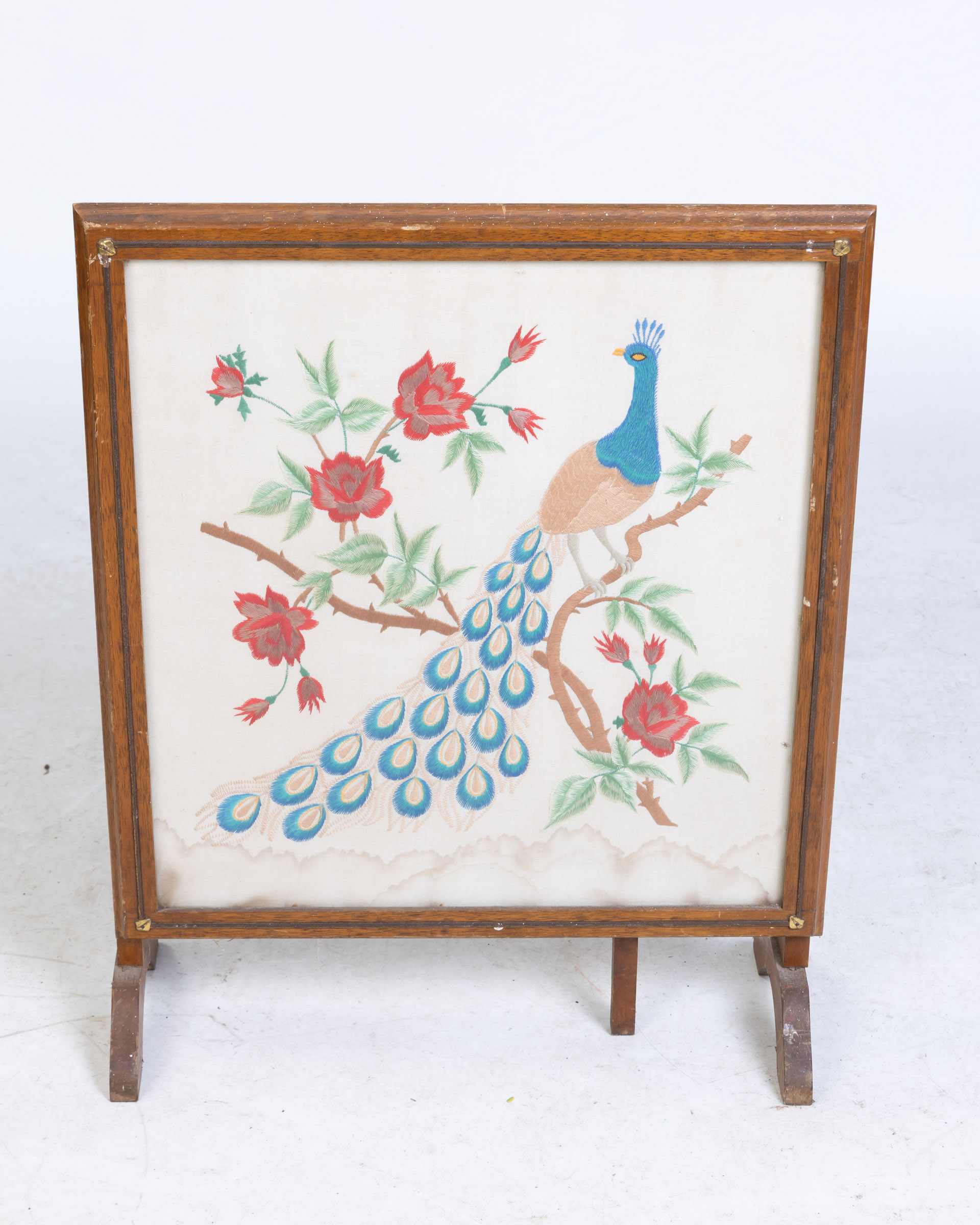 Vintage Embroidered Peacock Folding Fire Screen / Table