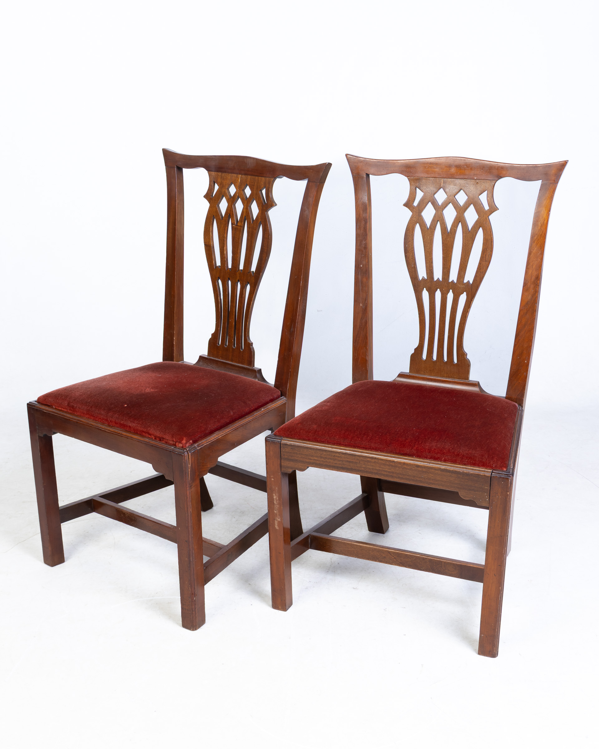 Pair of Mahogany Chippendale Style Dining Chairs with Red Velvet Seats