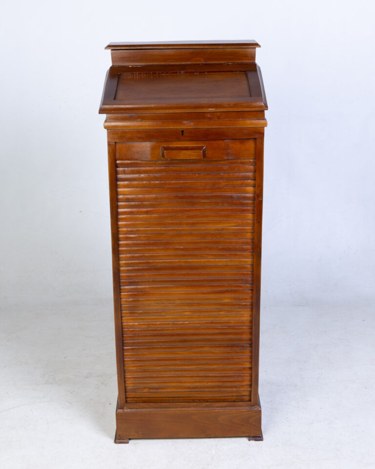 Tall Oak Cabinet with Tambour Front and Writing Slope