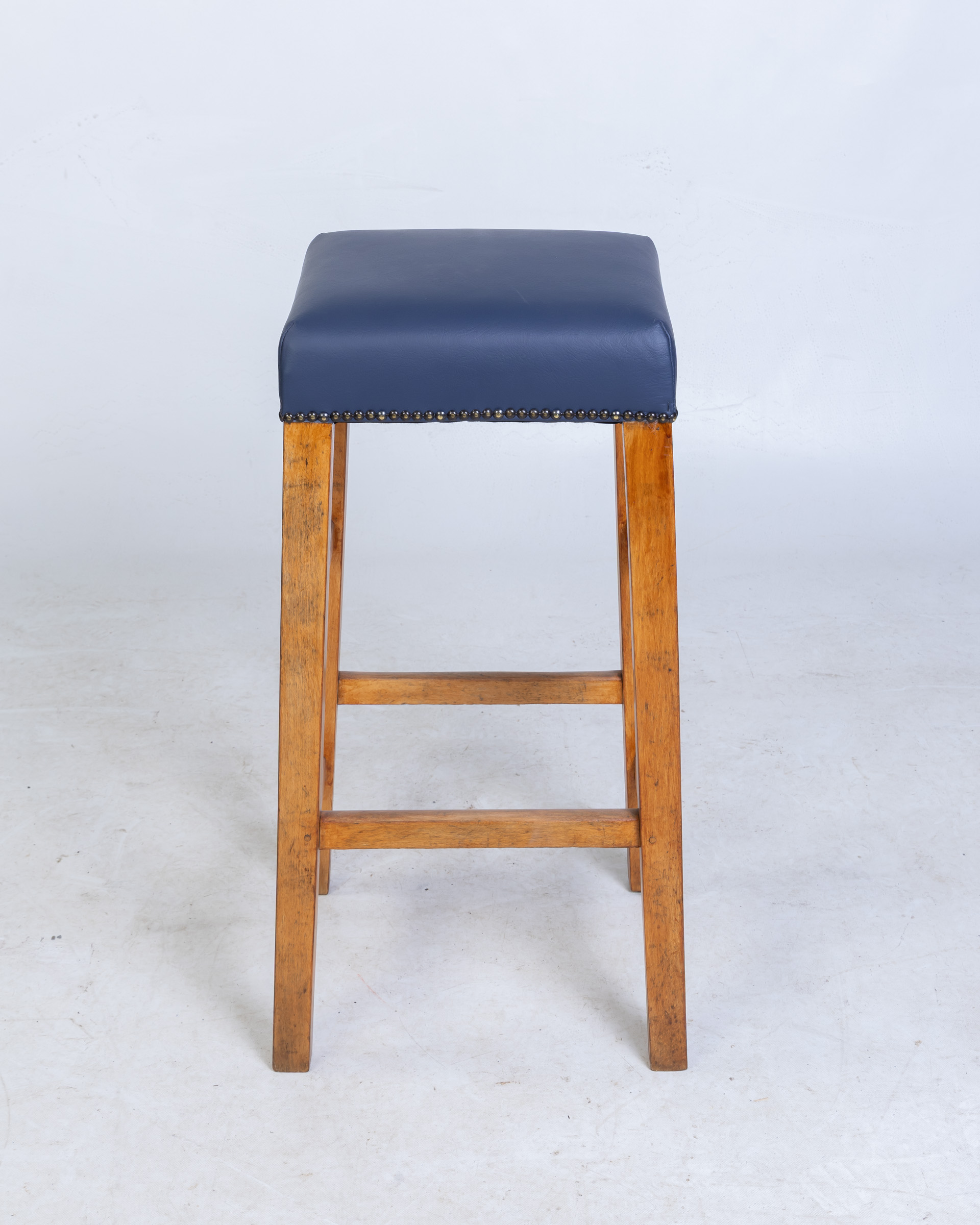 Vintage Lab Stool With Upholstered Blue Leatherette Seat
