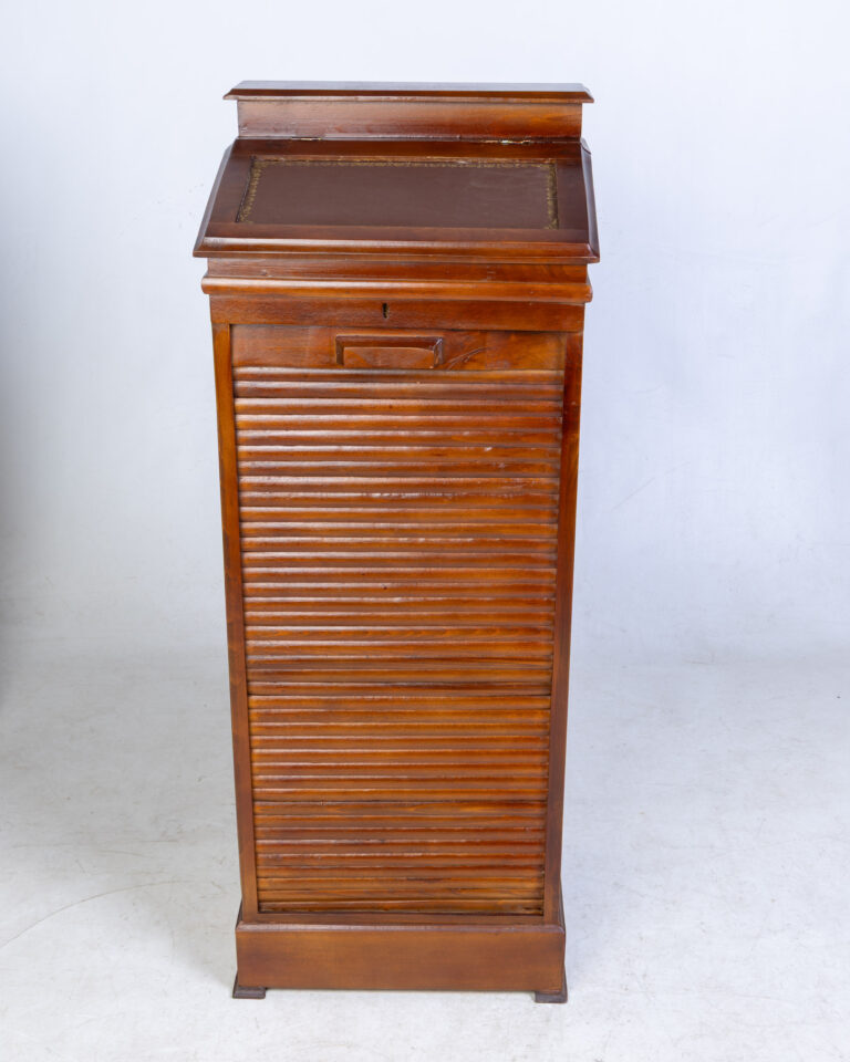 Tall Oak Cabinet with Tambour Front and Leather Writing Slope