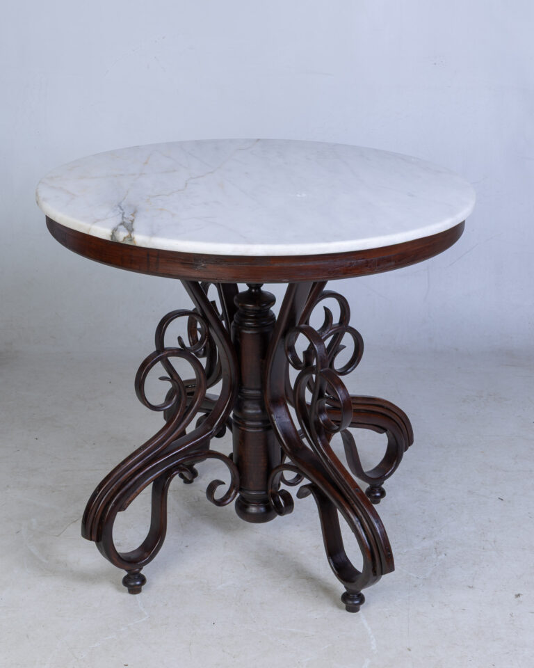 Round Marble Top Coffee / Bar Table with Ornate Dark Wood Base