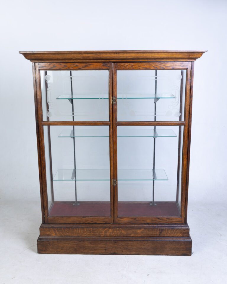 Vintage Oak Display Cabinet with Etched Glass Doors & Red Fabric Base