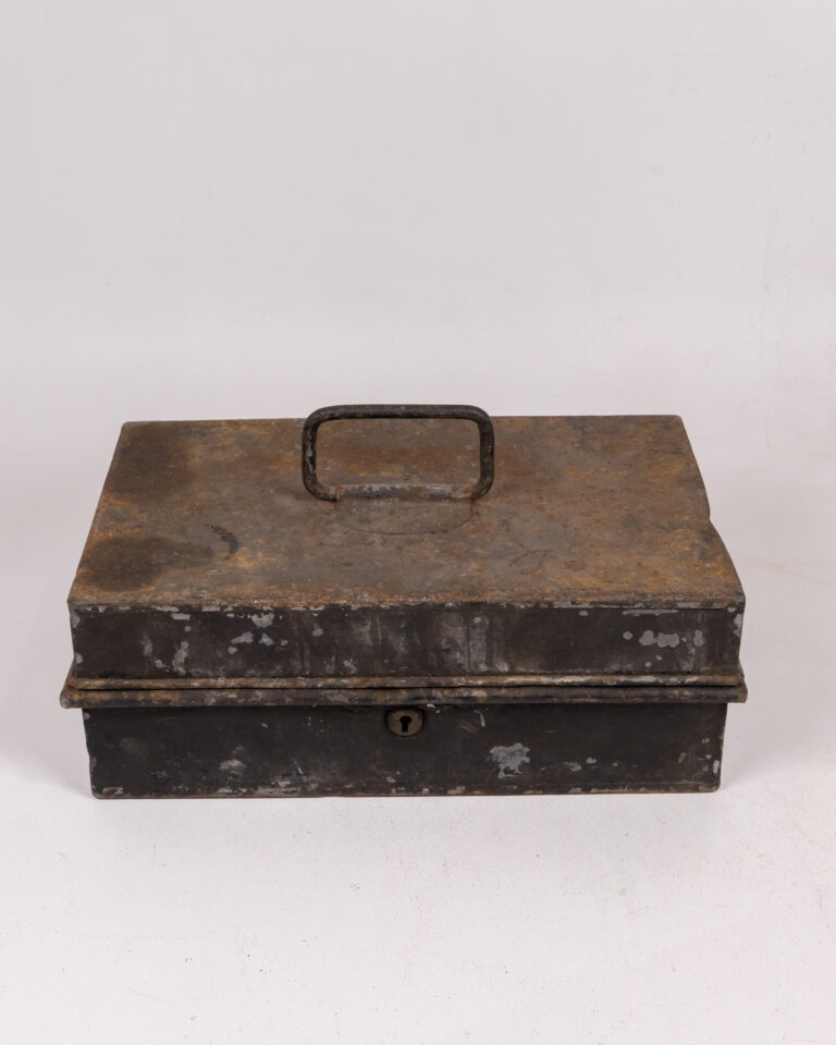 Vintage Black Metal Cash Box with Handle & Compartments