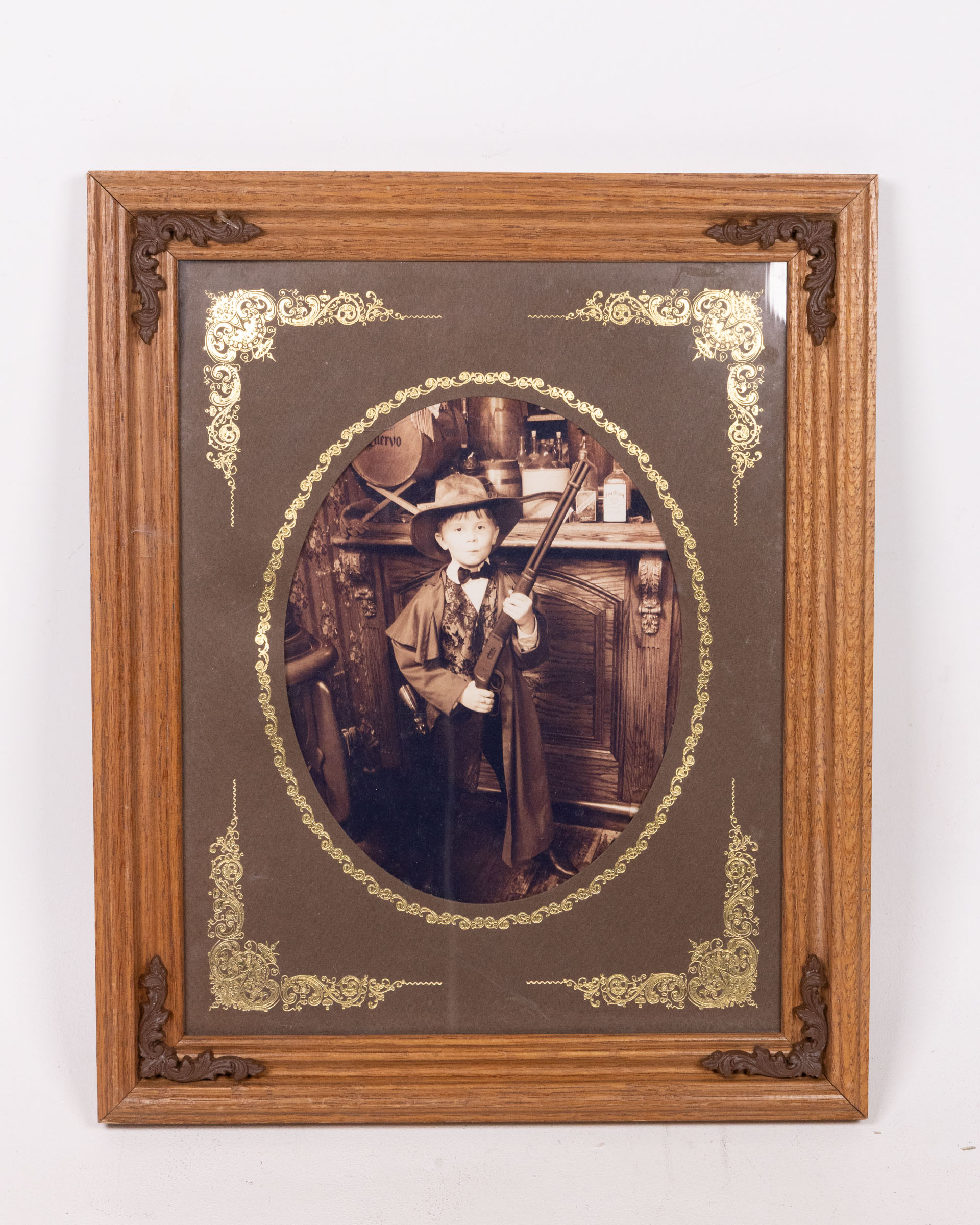 Vintage Framed Sepia Print of a Boy in Western Outfit