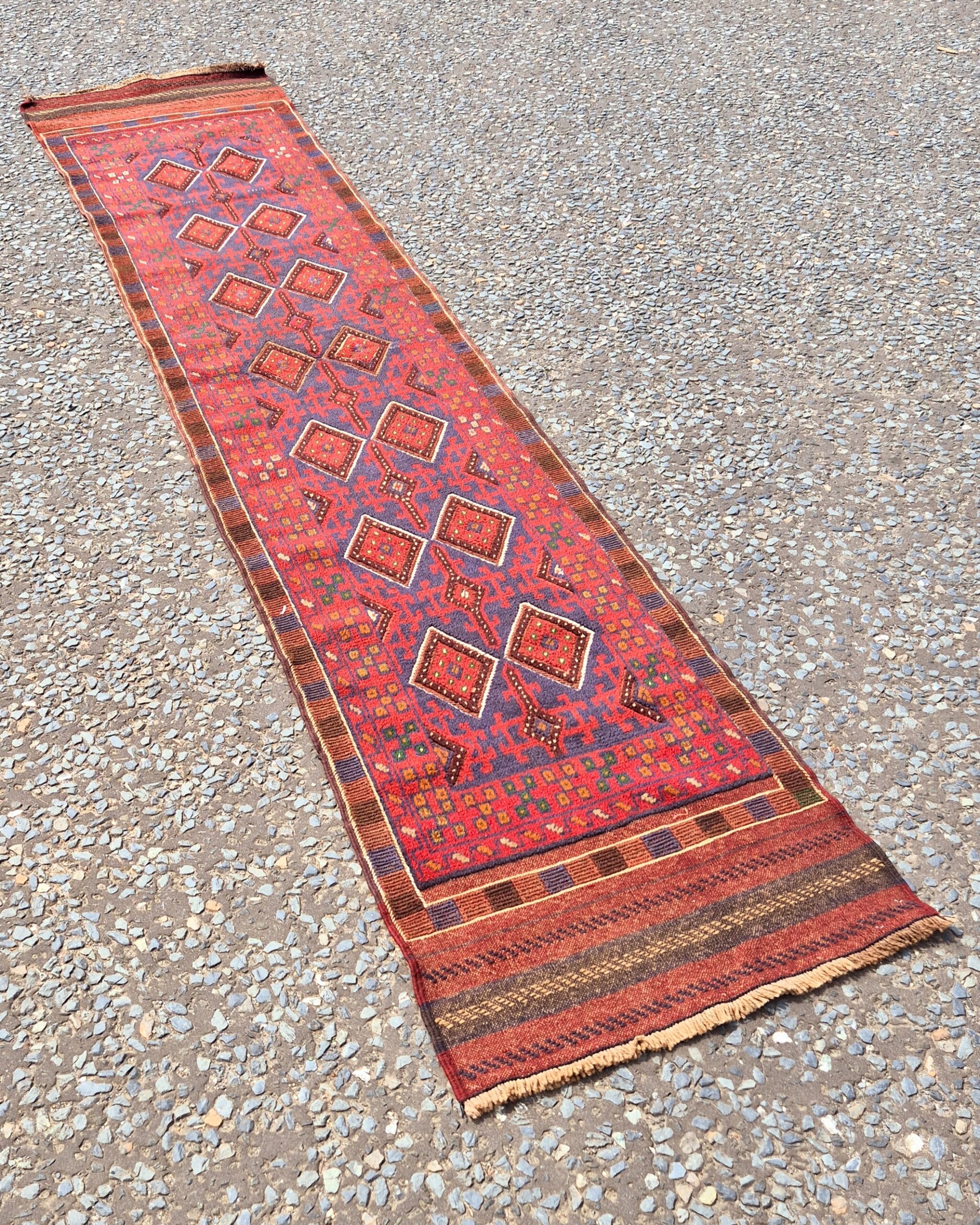 FR04 Handwoven Afghan Mishwani Red Ground Runner with Geometric Design
