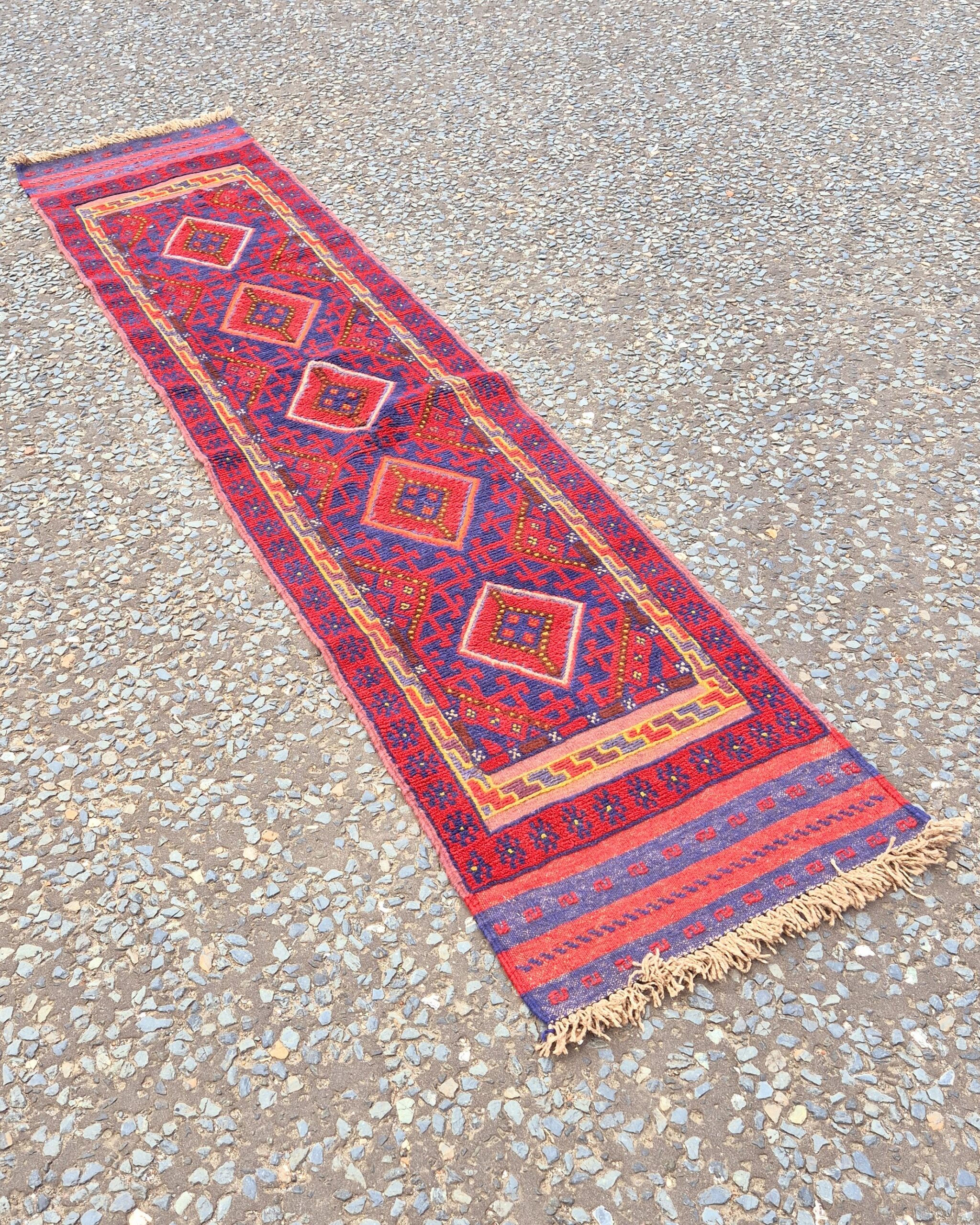 FR11 Handwoven Afghan Mishwani Red and Blue Geometric Runner