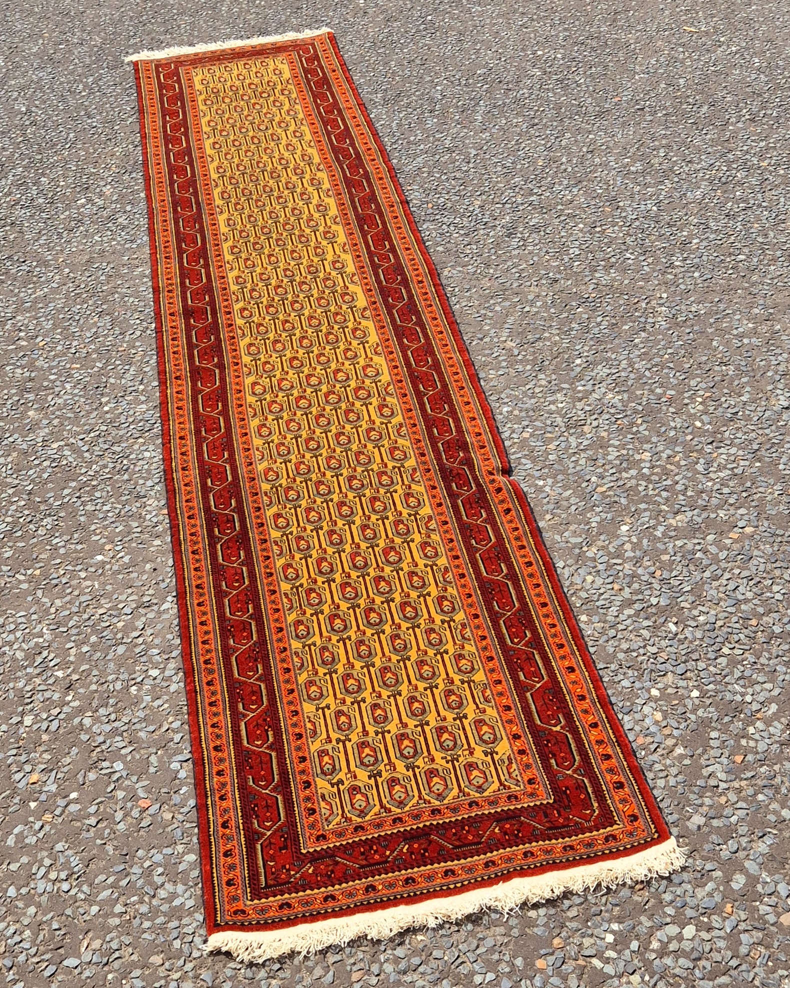 FR12 4.3m Long Vintage Kurdish Runner Rug with Yellow Field and Tribal Patterns