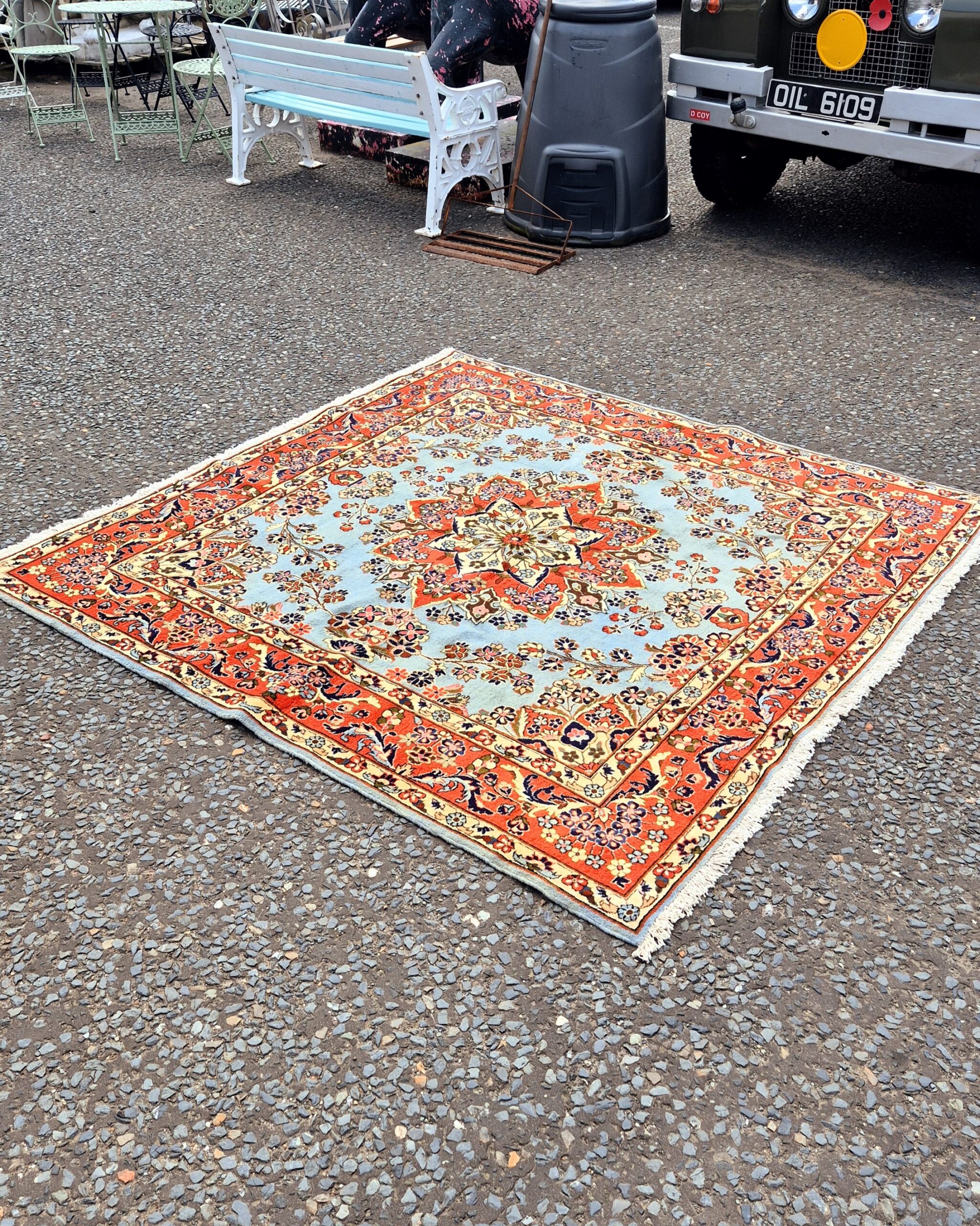 FR14 Persian Pale Blue Ground Square Rug with Large Red Floral Medallion