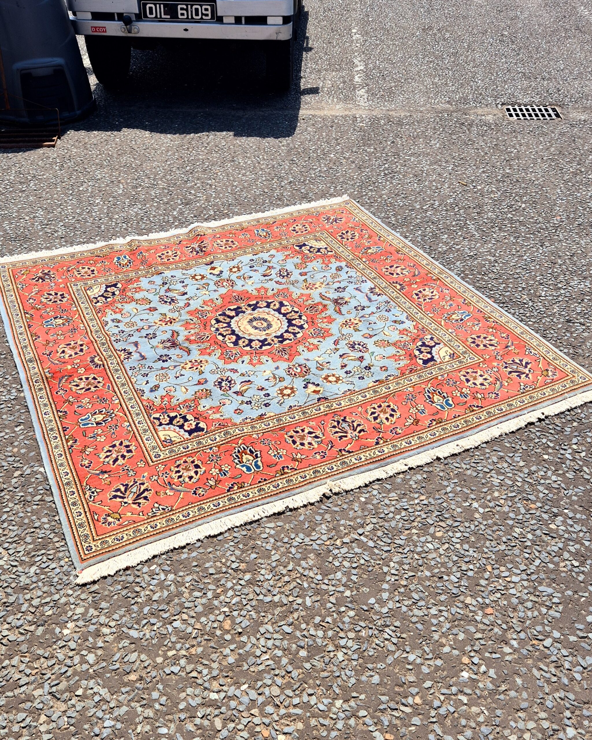 FR16 Persian Pale Blue Ground Square Rug with Red Floral Border