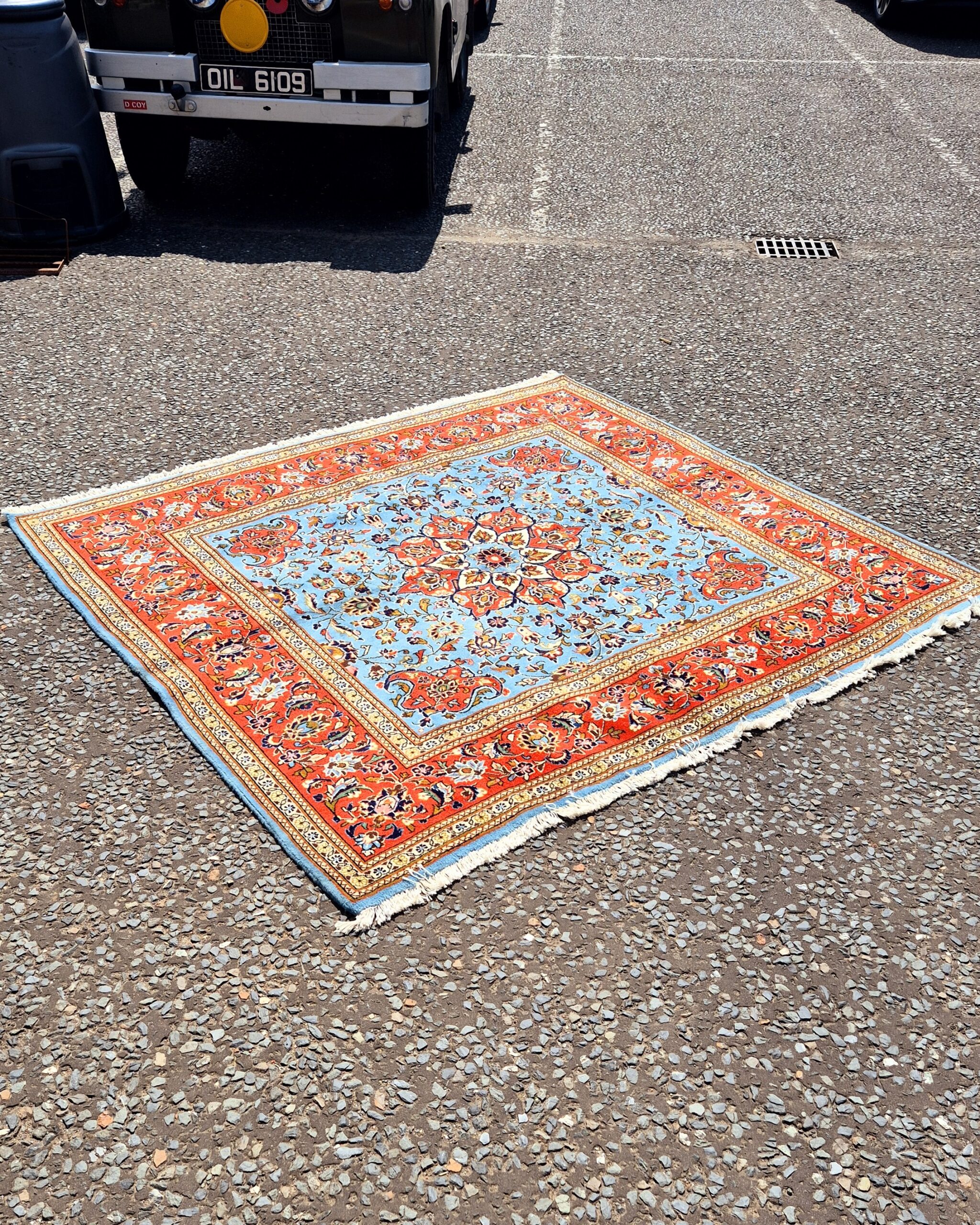 FR17 Persian Pale Blue Ground Square Rug with Red Lotus Medallion