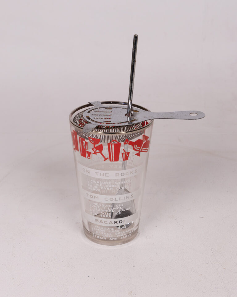 Vintage Glass Cocktail Shaker with Chrome Strainer & Bar Spoon