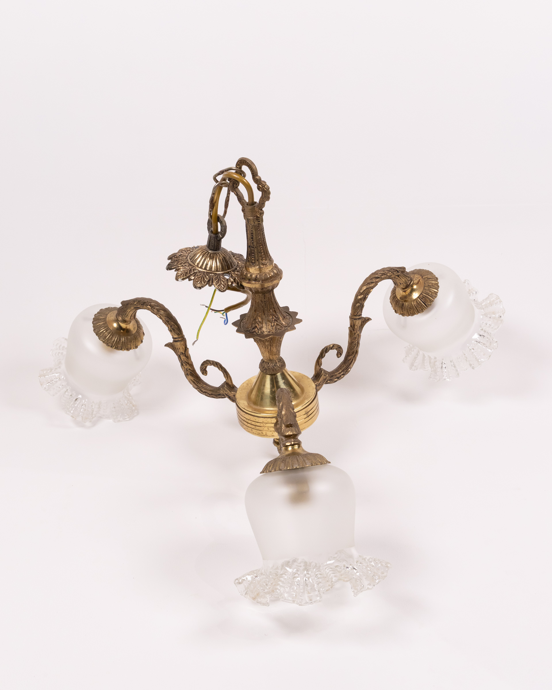 Vintage Brass Chandelier with Three Frosted Ruffled Glass Shades