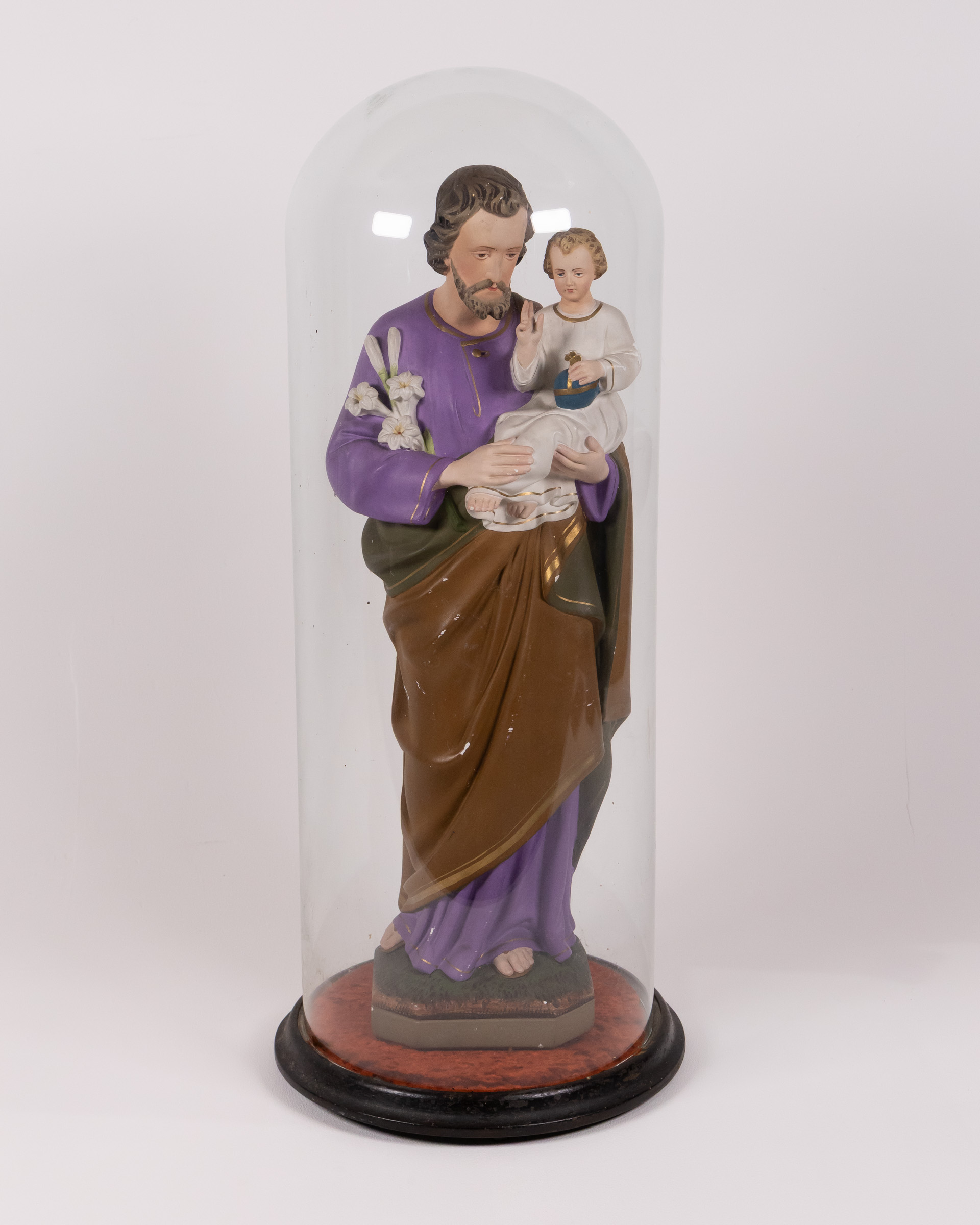 Vintage St Joseph & Baby Jesus Statue in Glass Dome