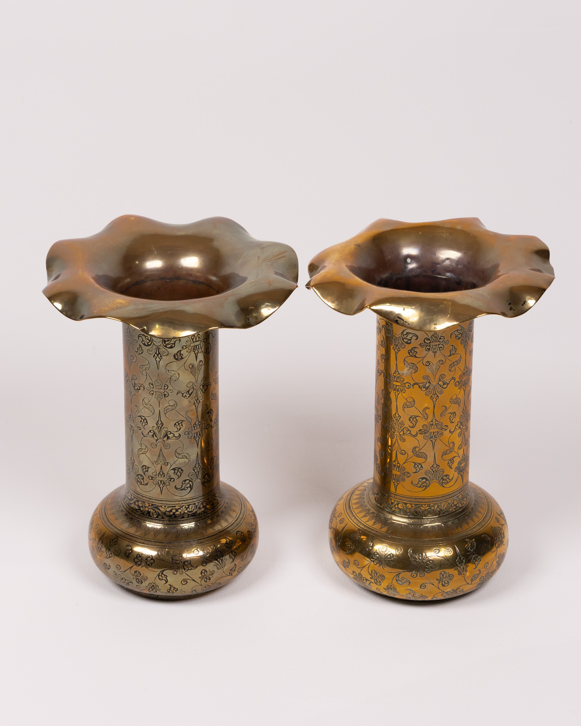 Pair of Vintage Etched Brass Trumpet Vases with Floral Geometric Detail