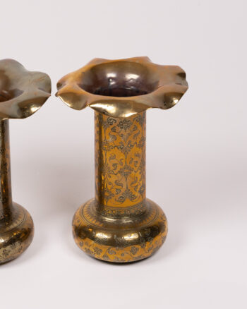 Pair of Vintage Etched Brass Trumpet Vases with Floral Geometric Detail