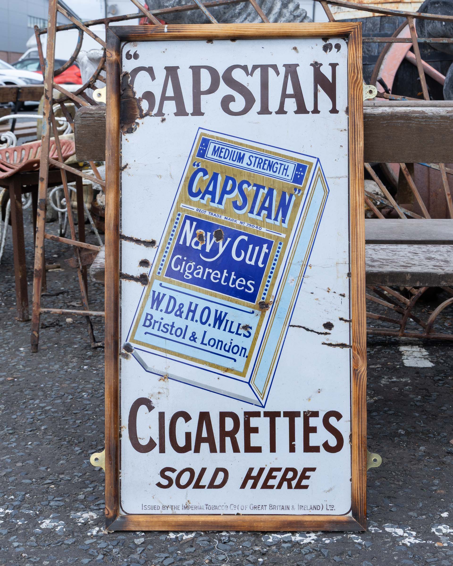 Capstan Navy Cut Cigarettes Enamel Advertising Sign with Wooden Frame