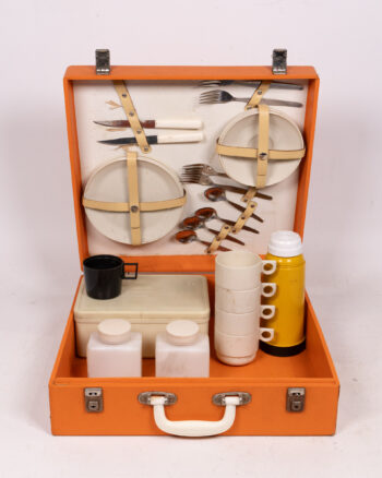 Vintage Orange Picnic Set with Thermos, Plates, Cutlery, and Carry Case