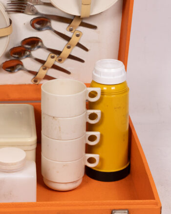 Vintage Orange Picnic Set with Thermos, Plates, Cutlery, and Carry Case