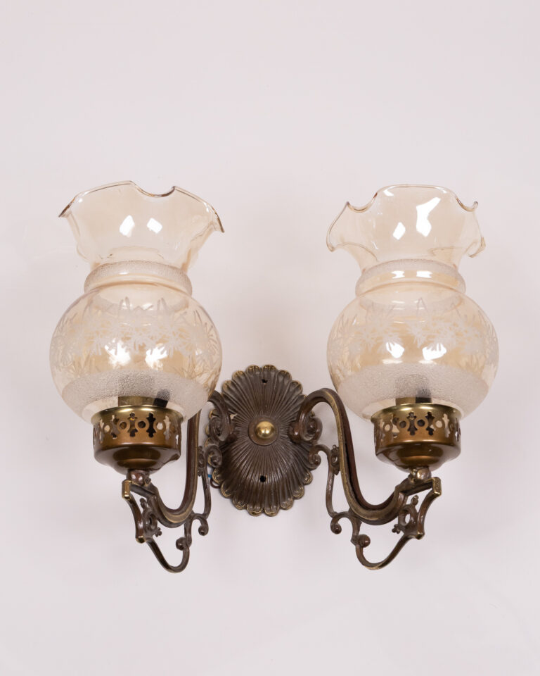 Vintage-style Double Wall Light Sconce with Cream Floral Glass Shades and Brass Finish