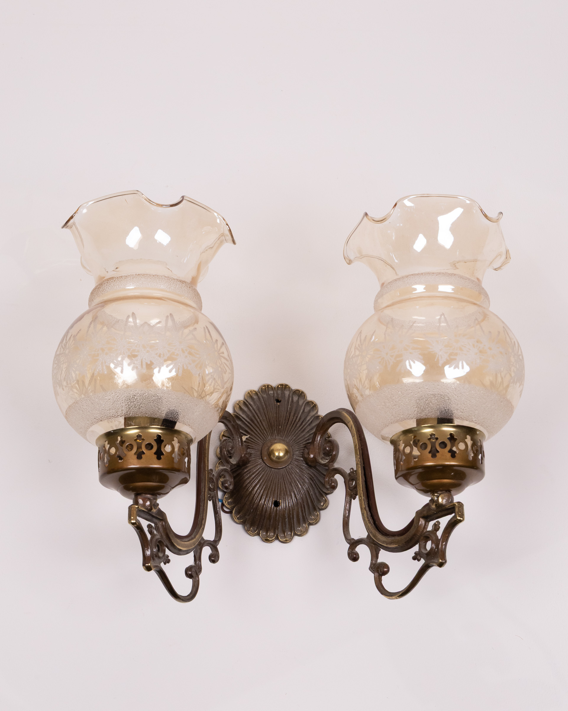 Vintage-style Double Wall Light Sconce with Cream Floral Glass Shades and Brass Finish