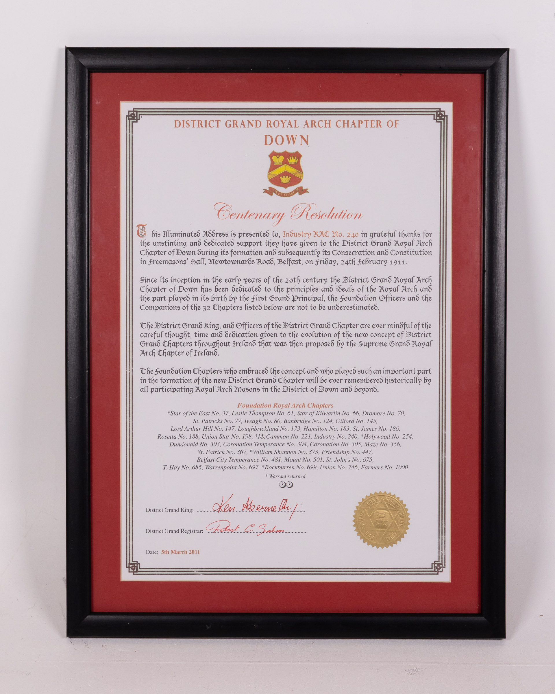 Framed District Grand Royal Arch Chapter of Down Centenary Print