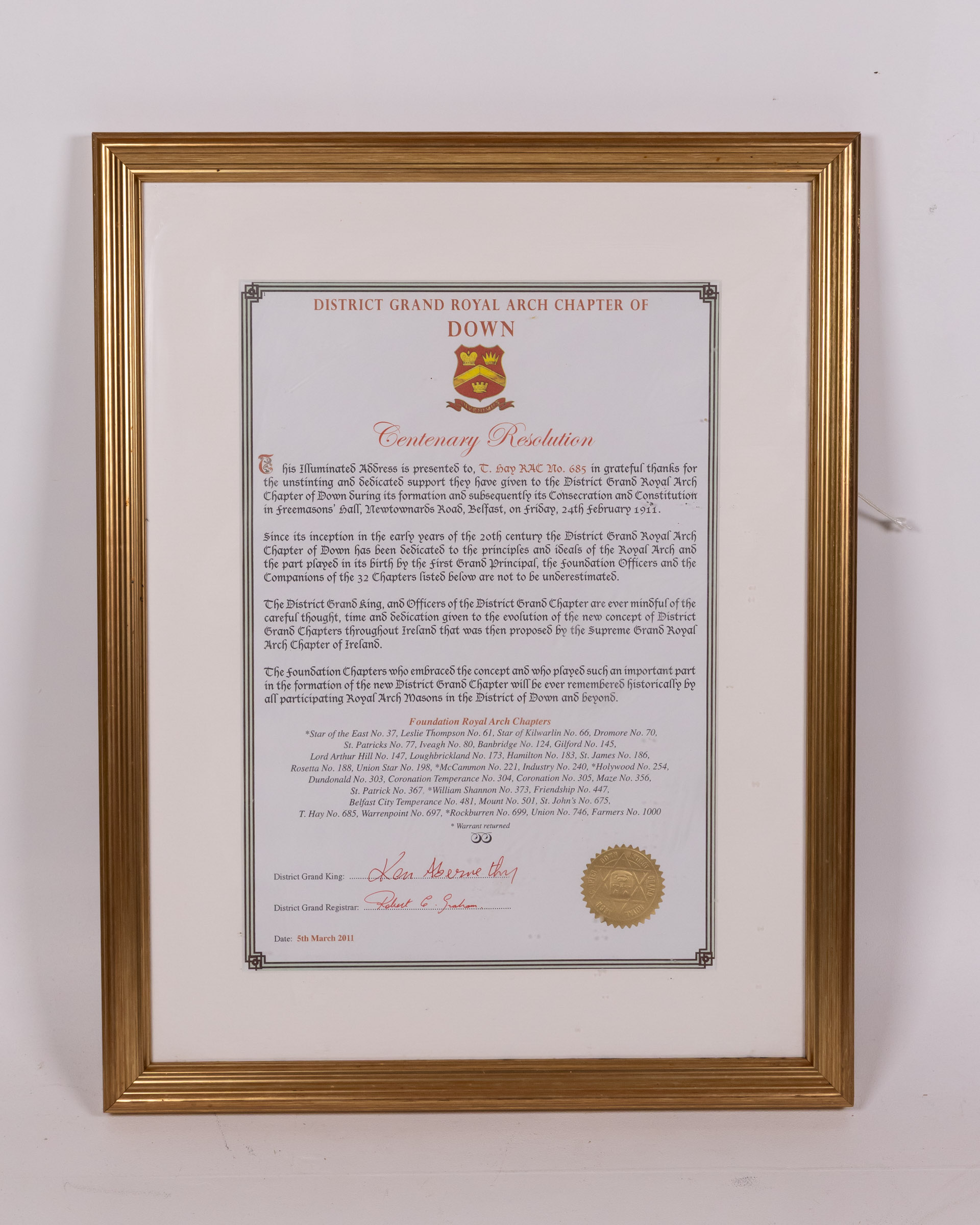 District Grand Royal Arch Chapter of Down Framed Centenary Resolution