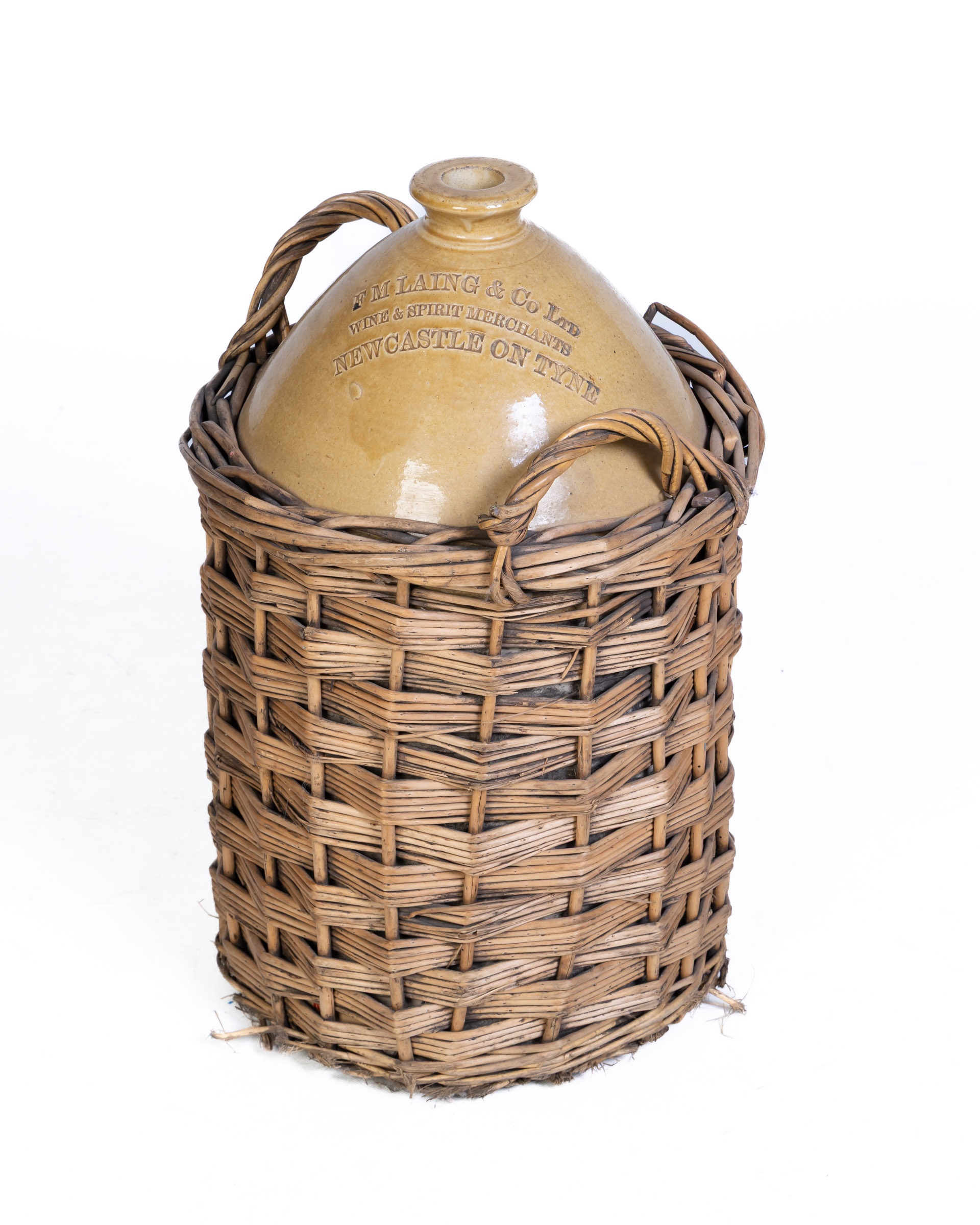 F.M. Laing & Co Newcastle Stoneware Flagon in Wicker Basket