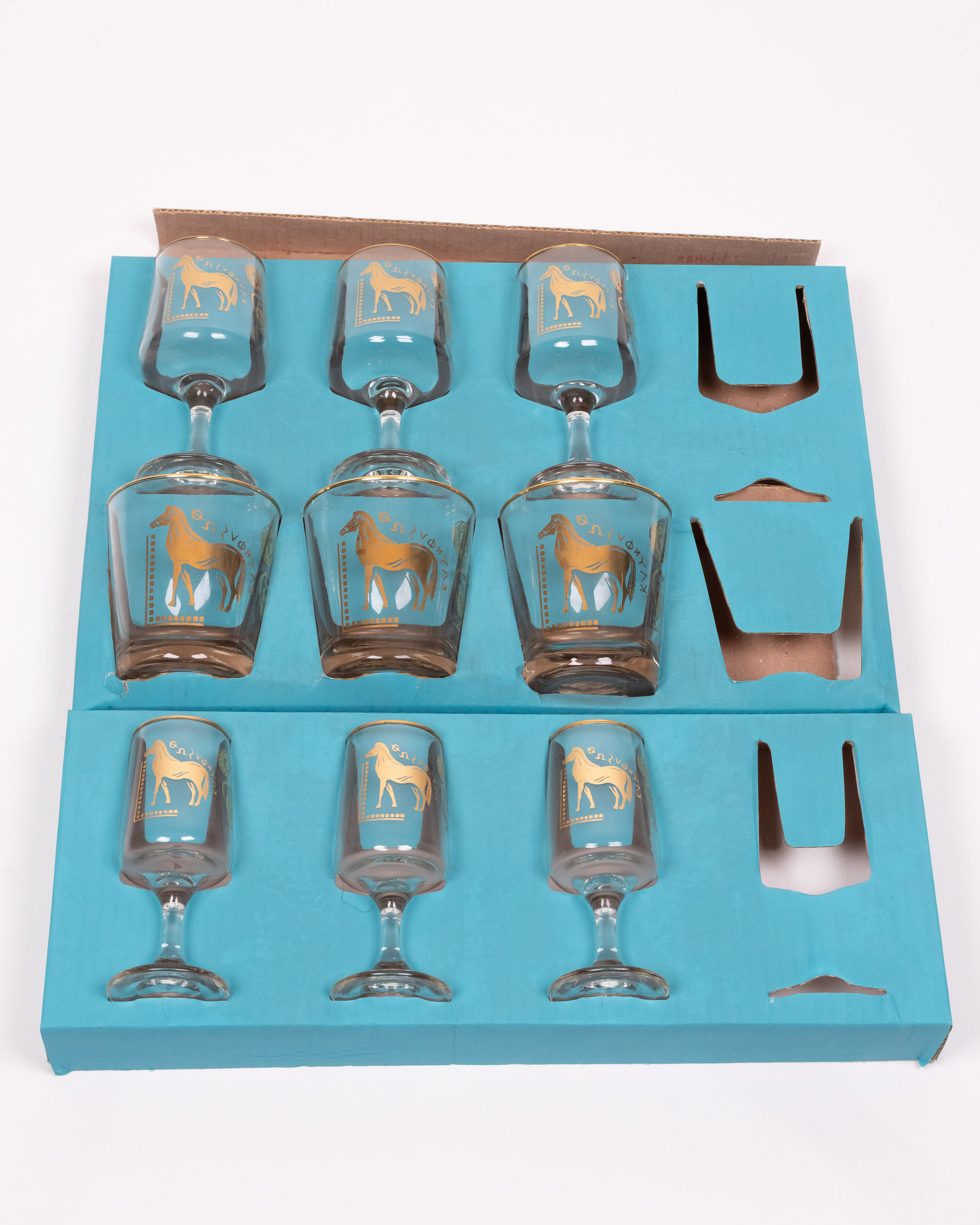 Chesterfield Set of 9 Vintage Stemmed Glasses with Gold Horse Design