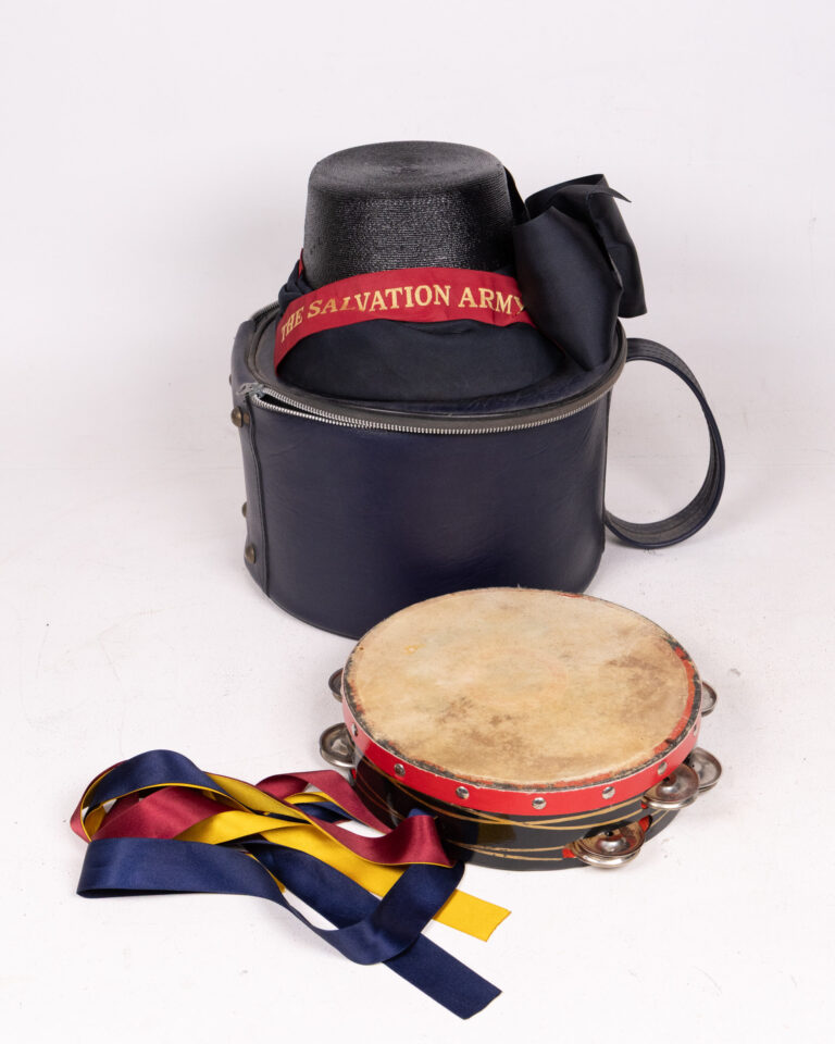 Vintage Salvation Army Tambourine and Hat in Leather Carrying Case