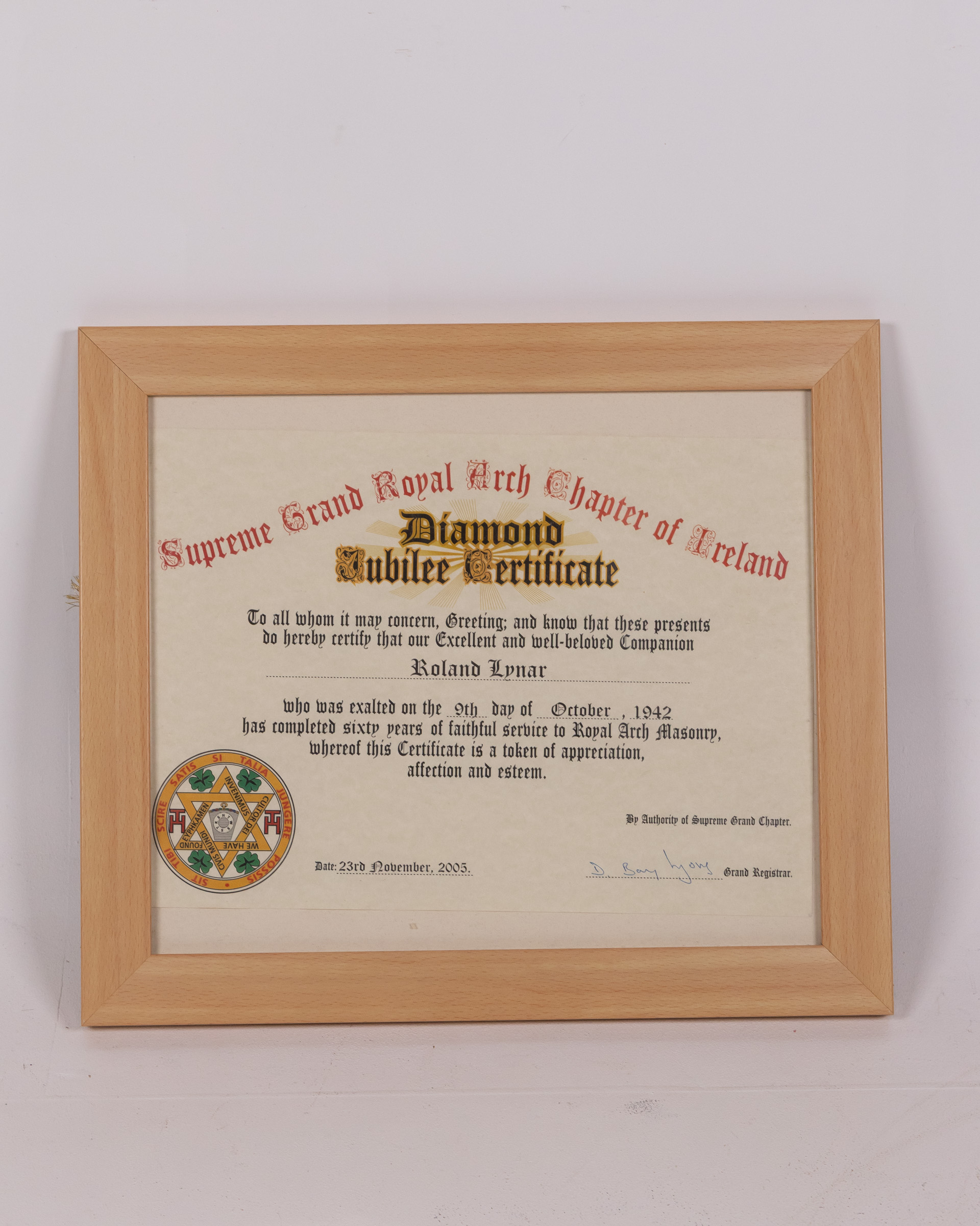 Framed Diamond Jubilee Certificate – Supreme Grand Royal Arch Chapter