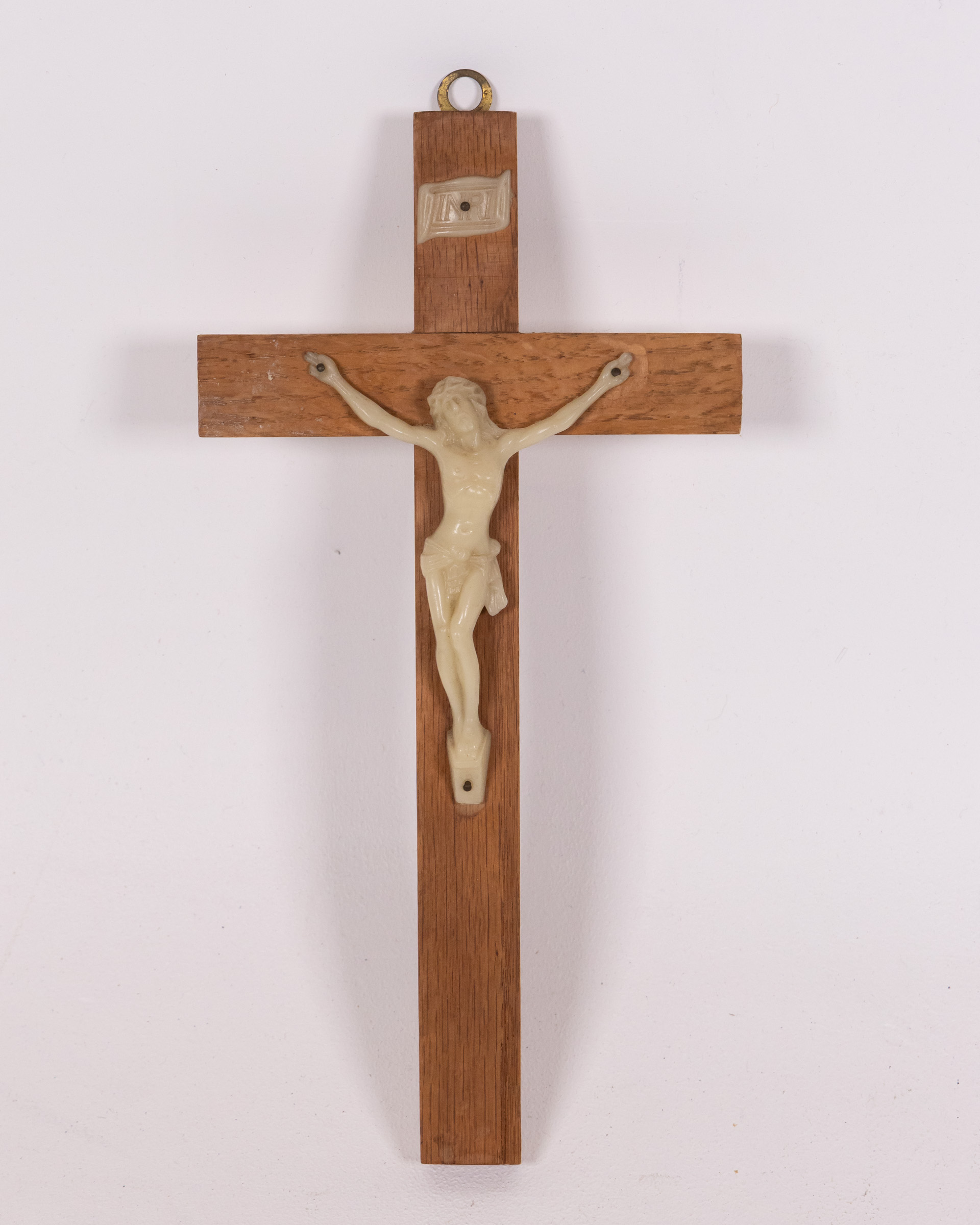 Vintage Wooden Crucifix with Cream Plastic Christ Figure