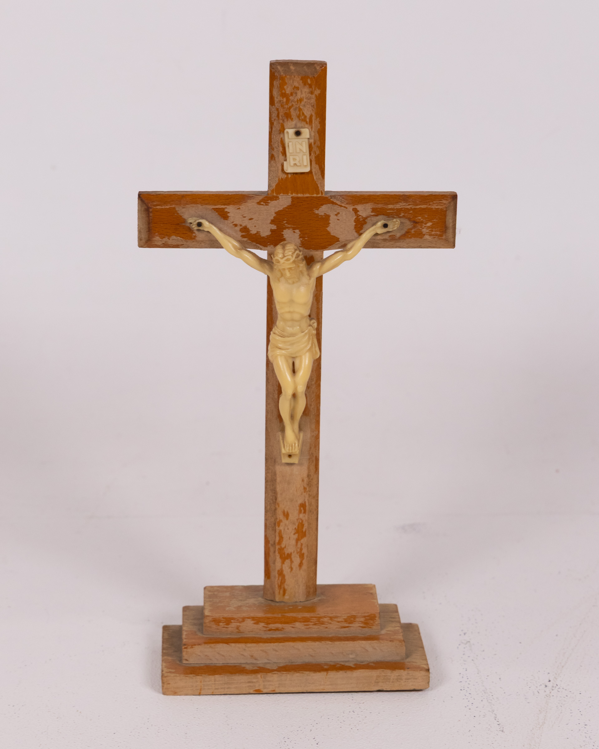 Vintage Wooden Standing Crucifix with Cream Jesus Figure