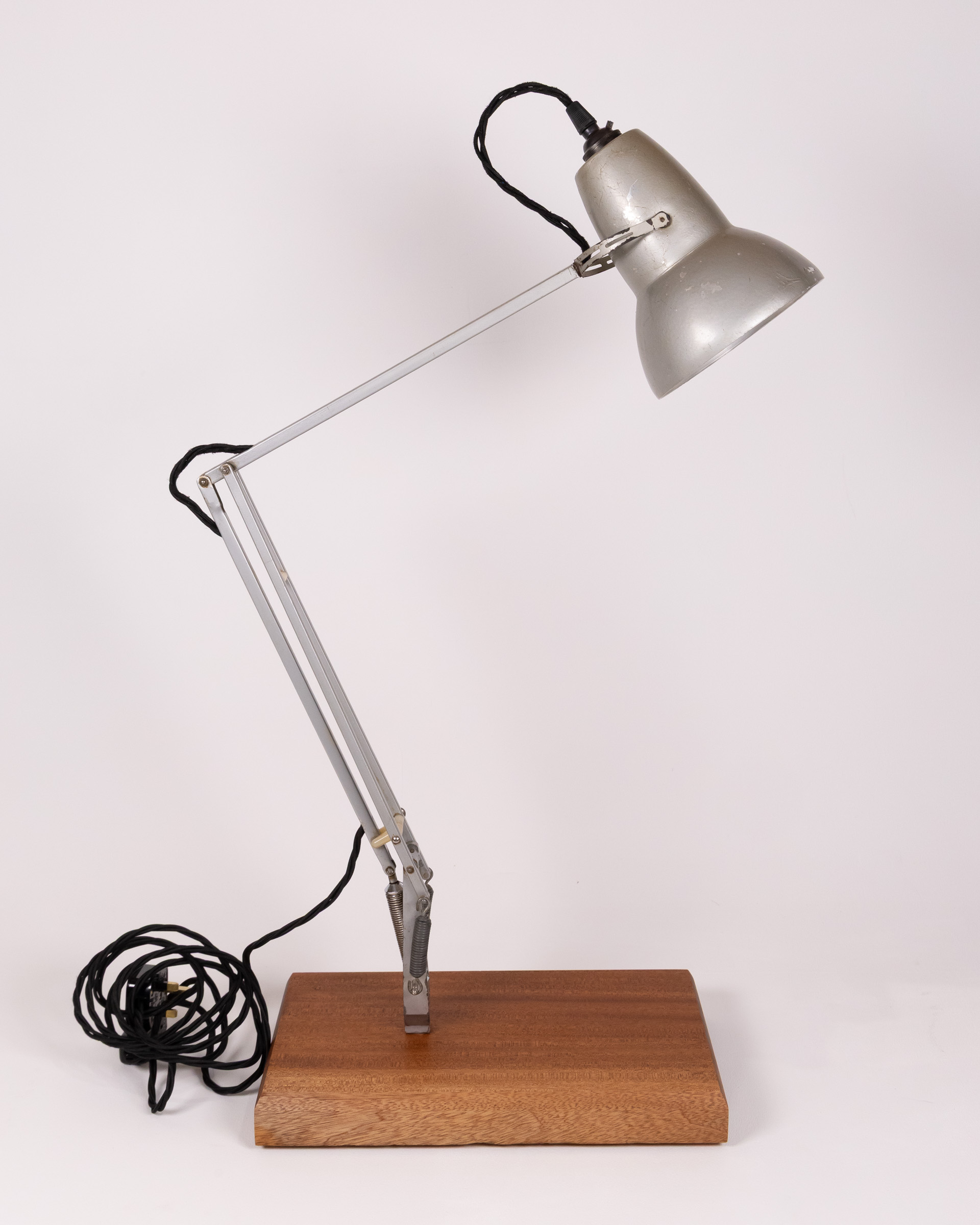 Grey Metal Anglepoise Desk Lamp with Adjustable Arm & Wooden Base