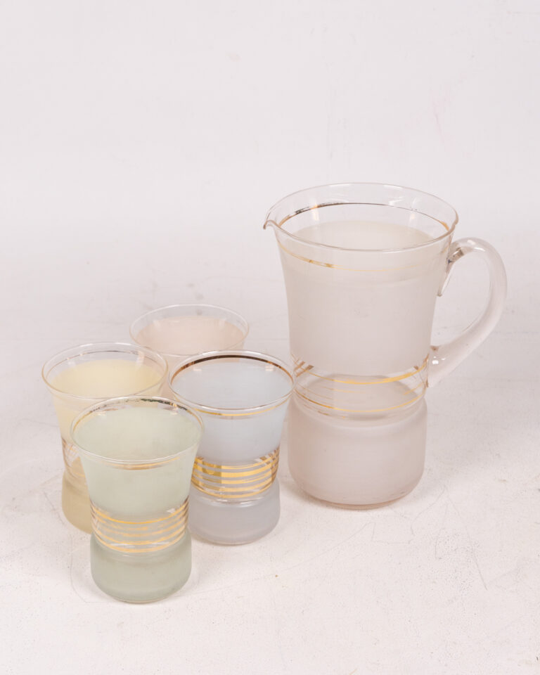 Mid-Century Frosted Glass Pitcher and Glasses Set with Gold Banded Detail