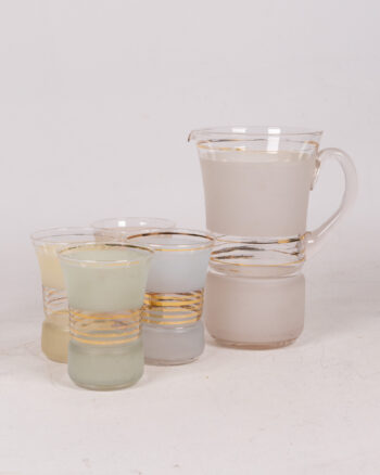 Mid-Century Frosted Glass Pitcher and Glasses Set with Gold Banded Detail