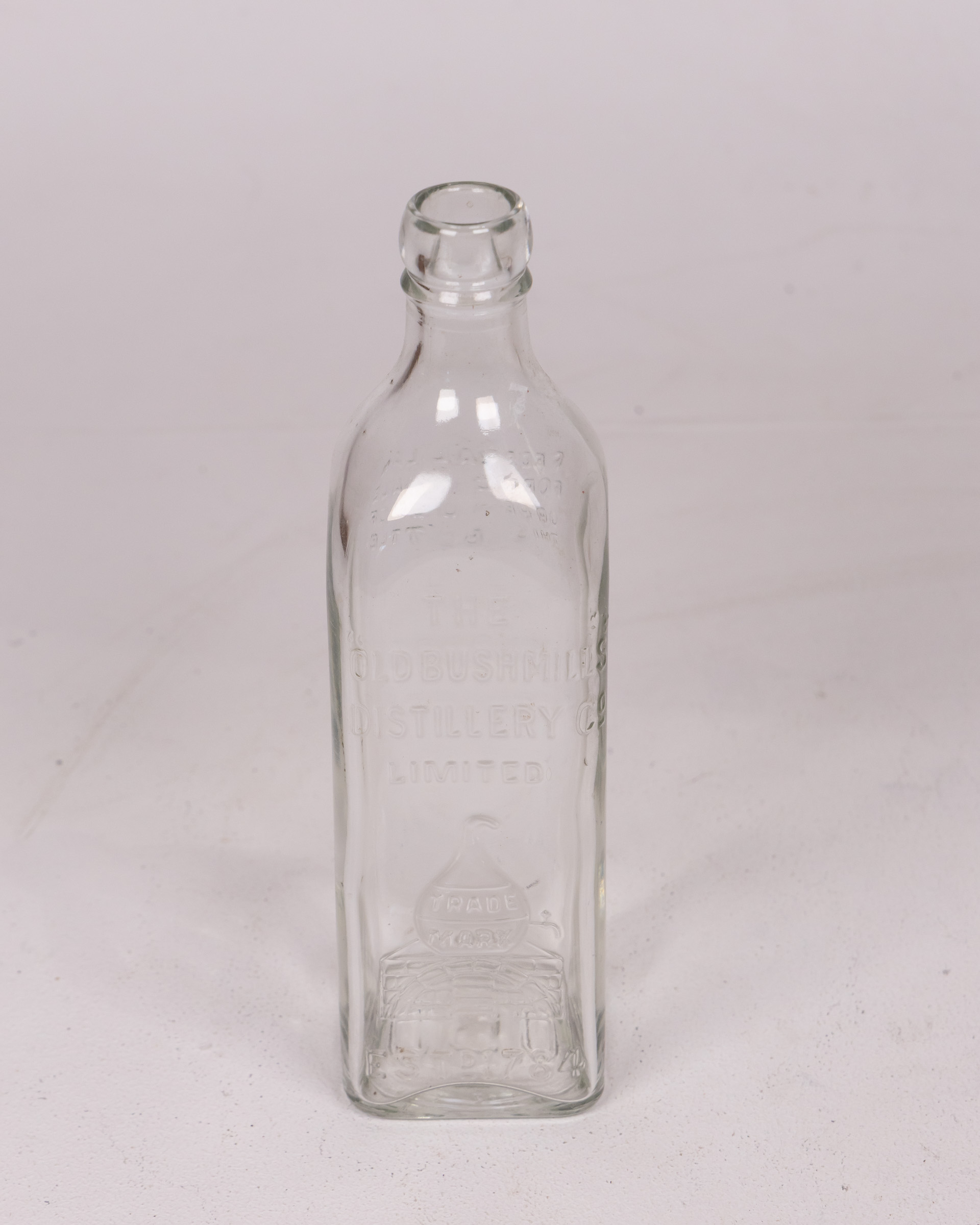 Old Bushmills Distillery Clear Glass Bottle, Vintage Barware Collectible