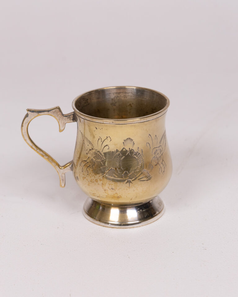 Vintage Silver-Toned Metal Cup with Floral Design and Pedestal Base