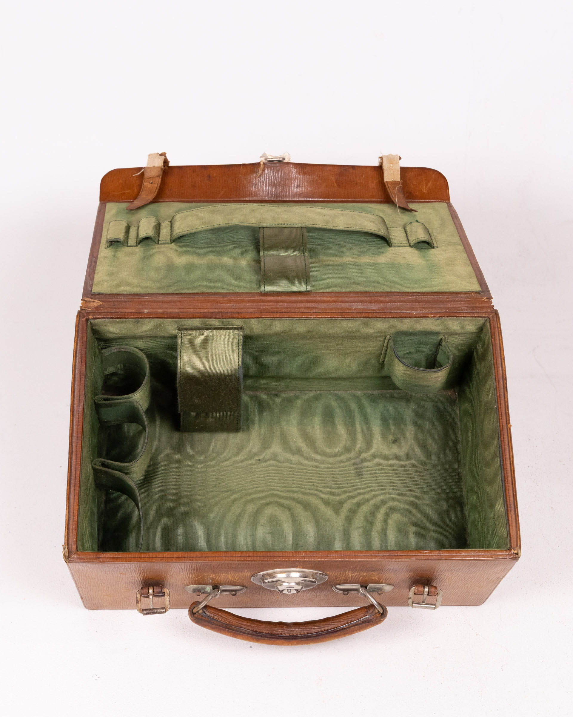 Vintage Brown Leather Vanity Case with Green Interior and Metal Hardware
